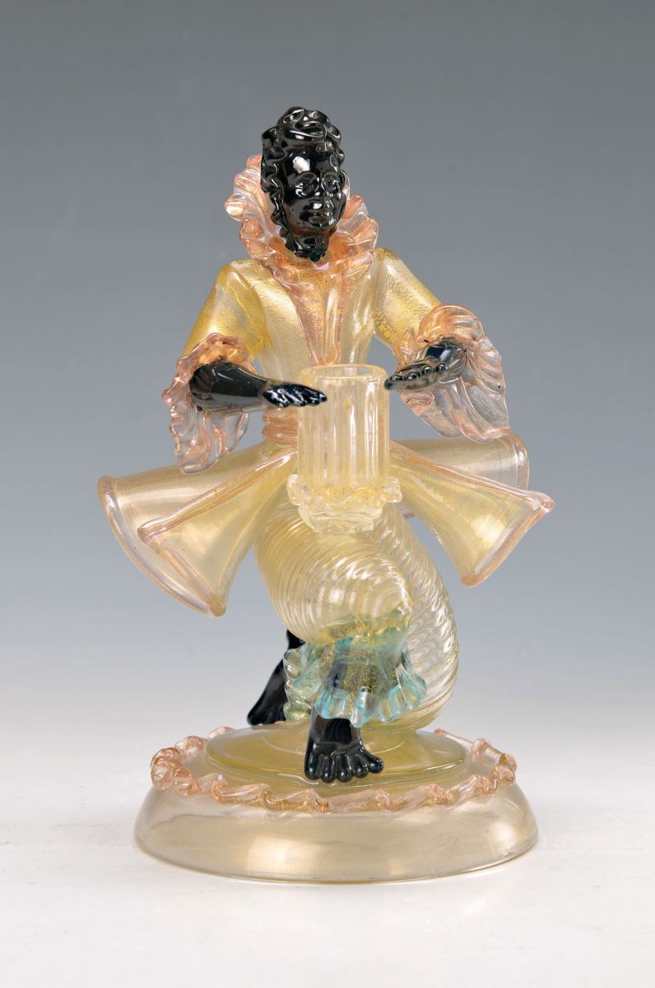 candlesticks, Murano Italy, 20th c., blown glass with melted gold powder, partially rose,turquoise