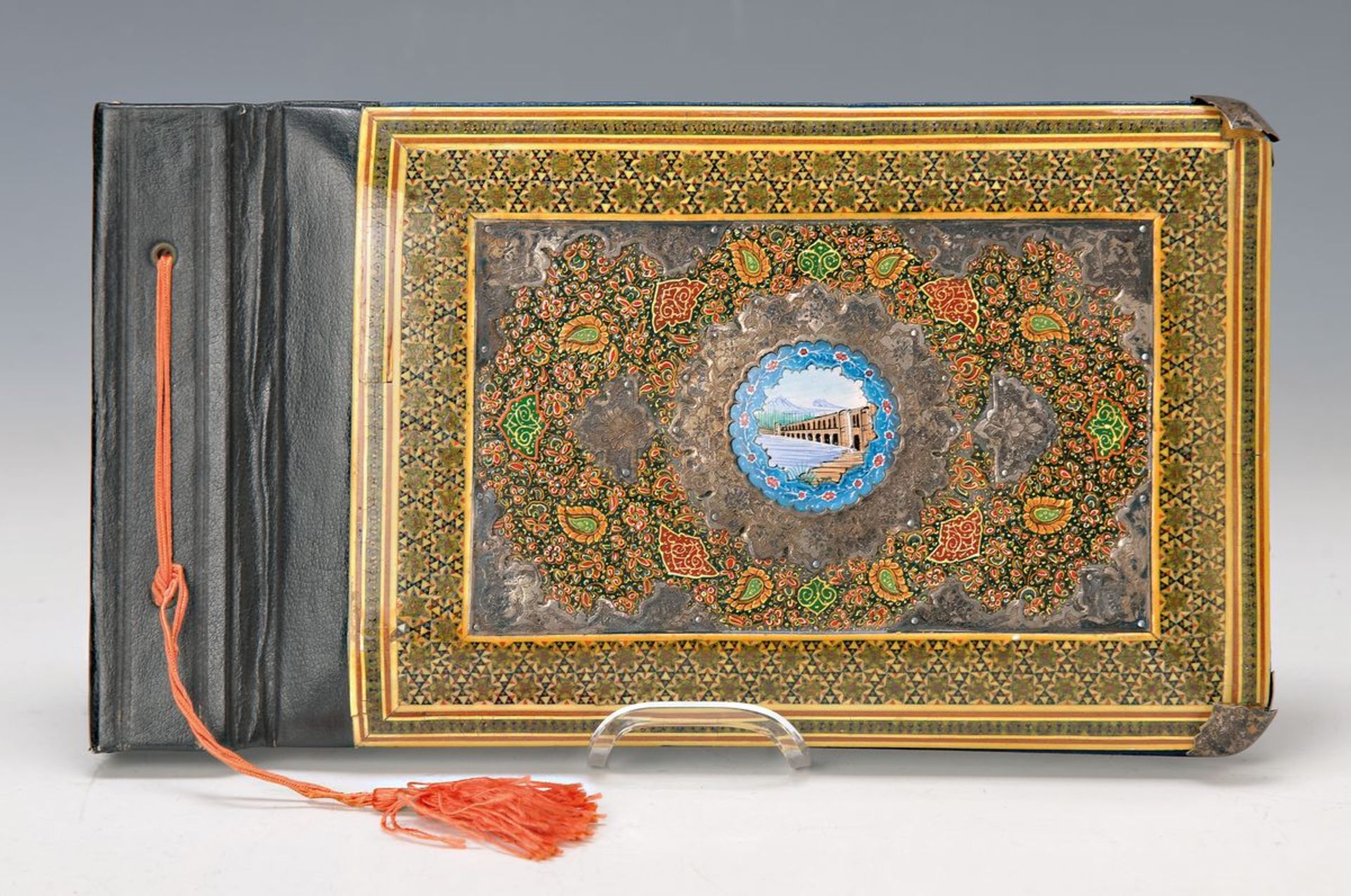 album, Iran, Middle of 20th c., opulent varnish work, with enamel painting on Platter, bezel of