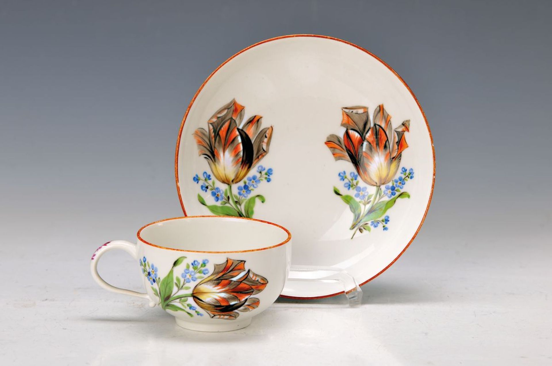 cup with saucer, Meissen, around 1885, Marcolini period, porcelain, colorful flowers with shadows,