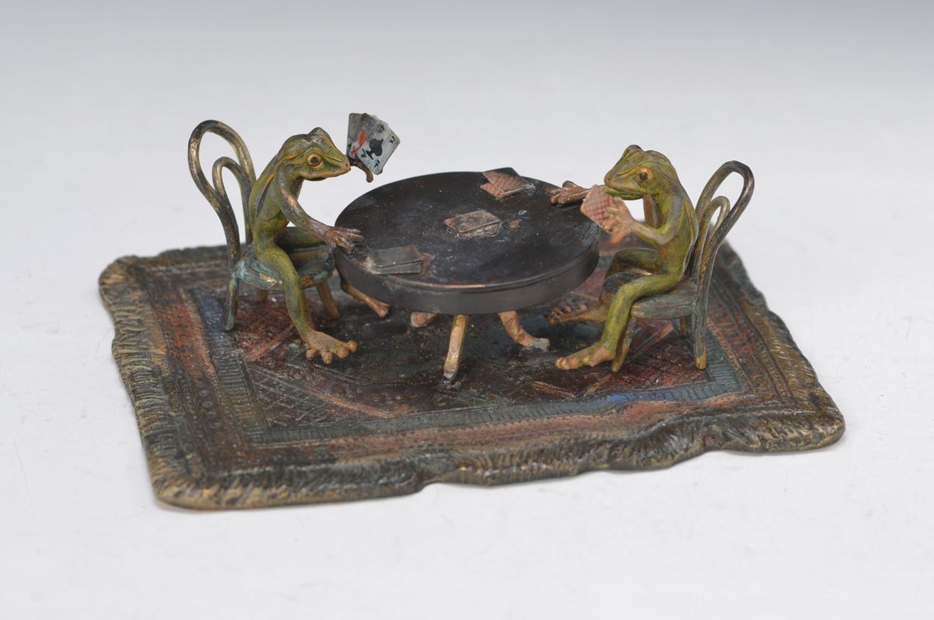 Vienna Bronze, 2.H.20.th. century, frog Poker on carpet, colorful painted, signed Bergmann, H. 6 cm,