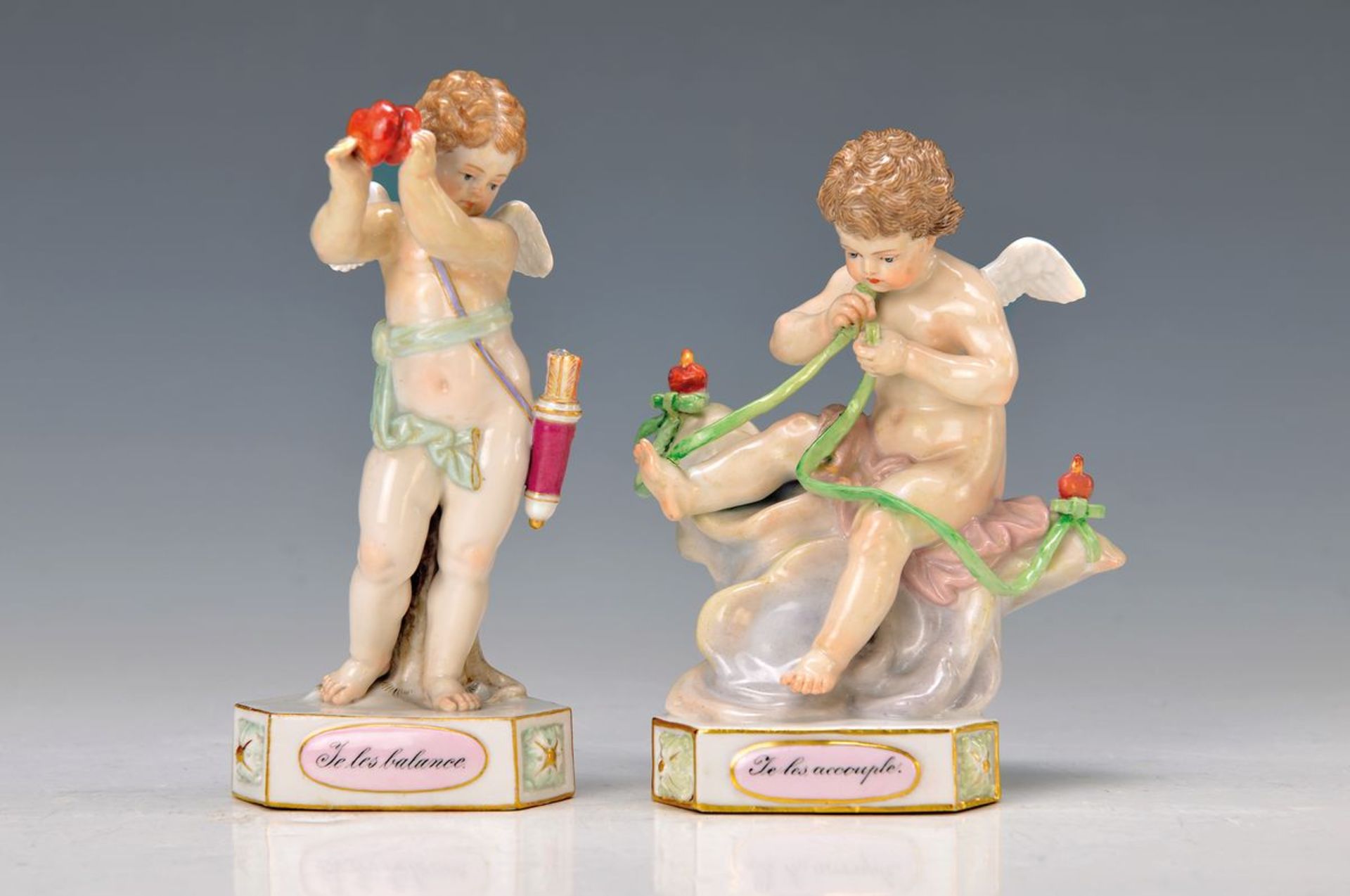 two Devisenkinder/porcelain sculptures, Meissen, around 1890, Je le balance and je lesaccouple, fine