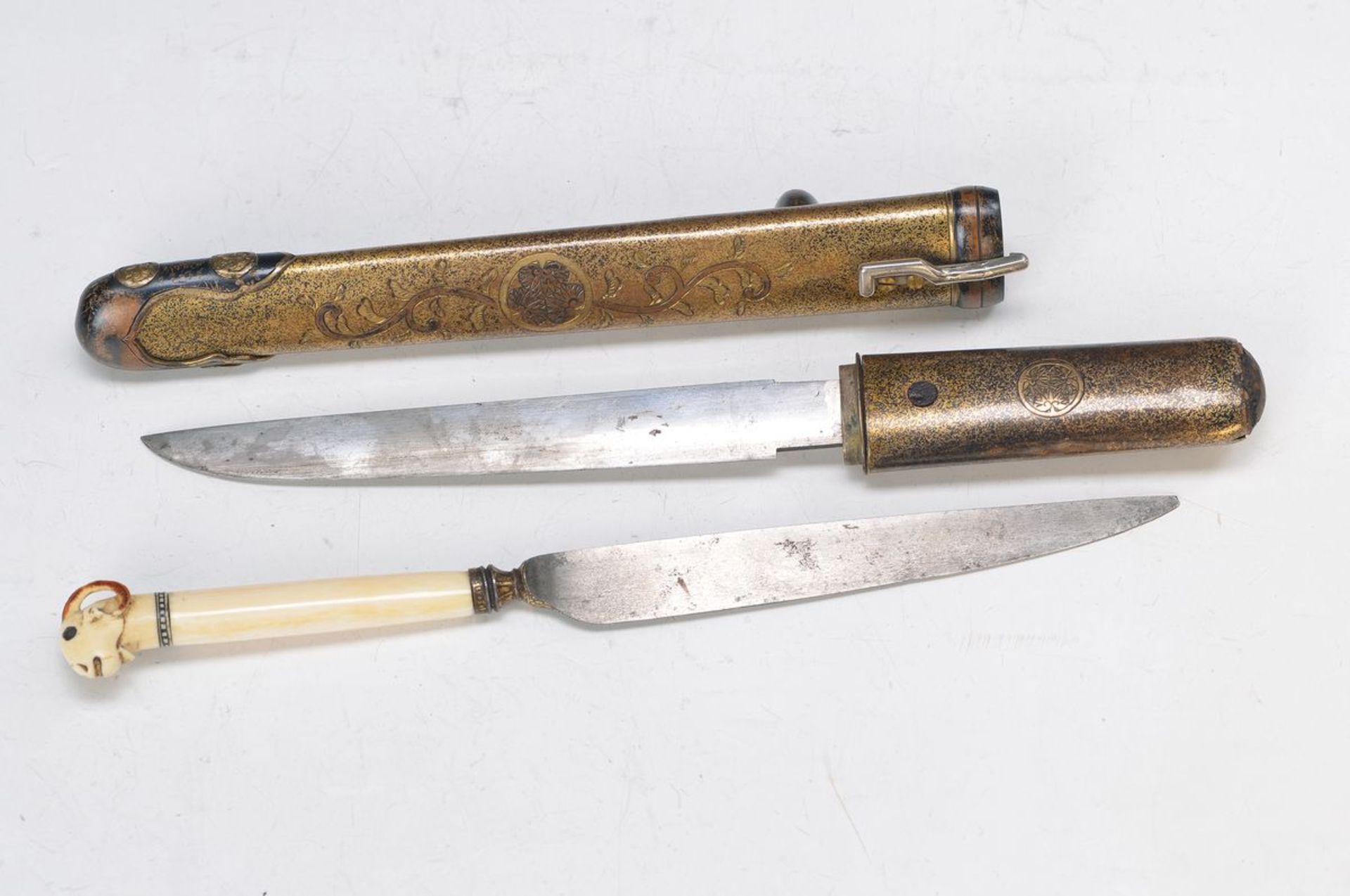 knives, Balkans, around 1780-1800, blade steel, handle Ivory, end carved in shape of a ram head,