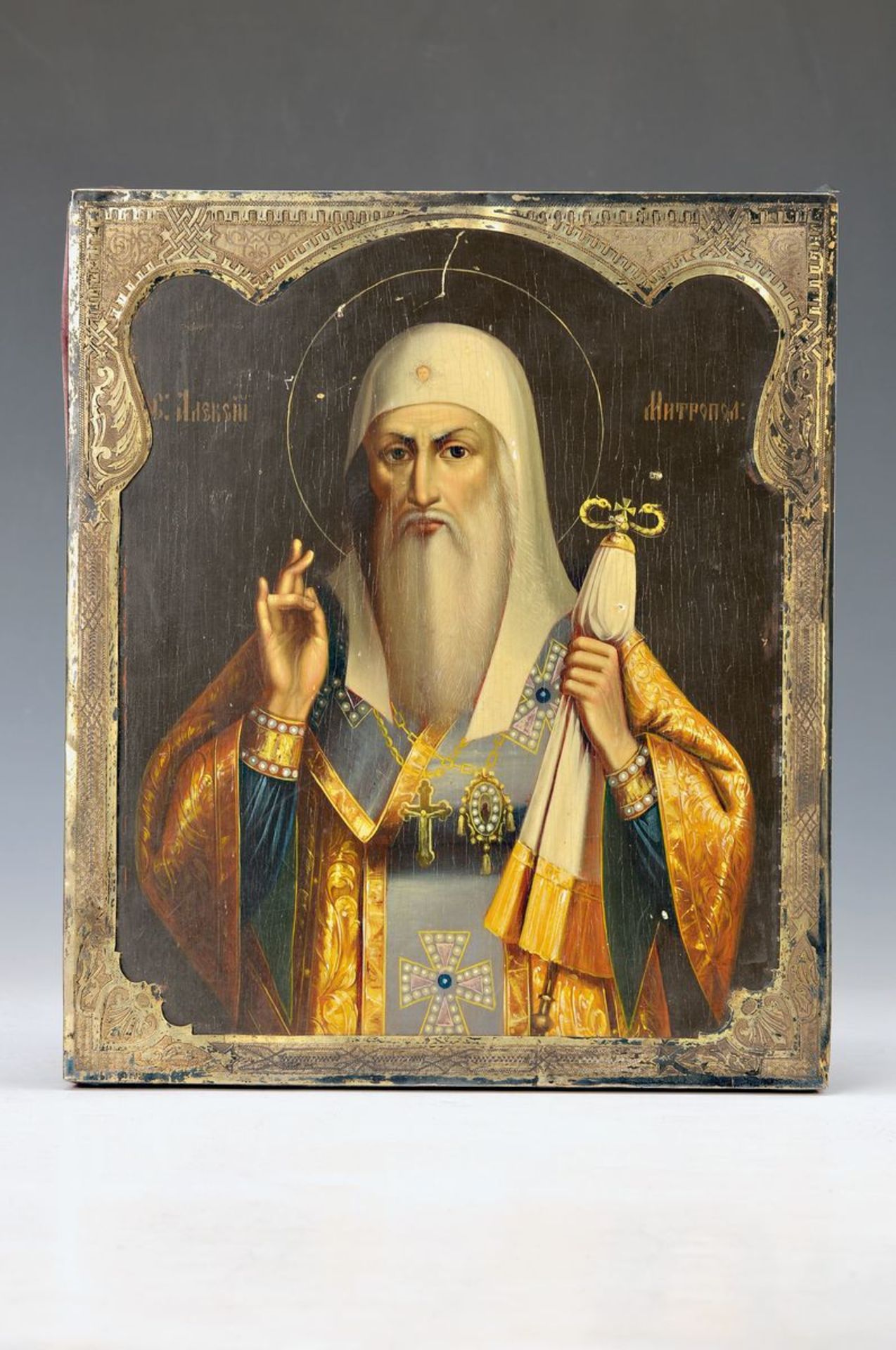 Icon, Russia, 2.h.19.th c., egg tempera/wood, silver coverage engraved, minor surface- and damages