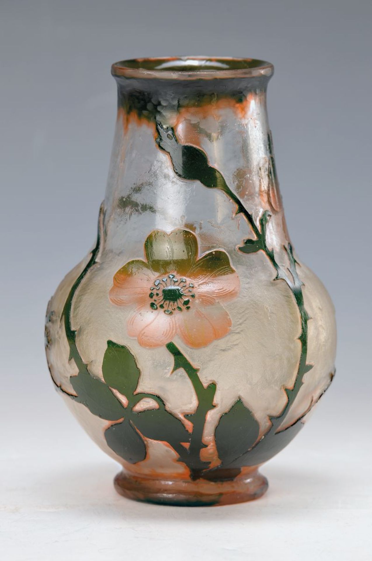 vase, Daum Nancy, around 1900, colorless glass rose and green overlay, cut, polished and etched,