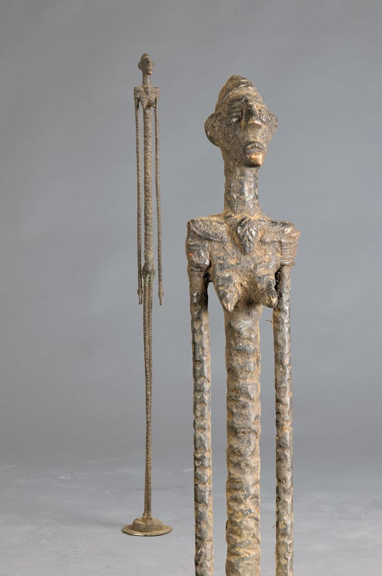 female ancestor sculpture, Dogon, approx. 50- 60 years old, high drawn body, hammer stroke décor,