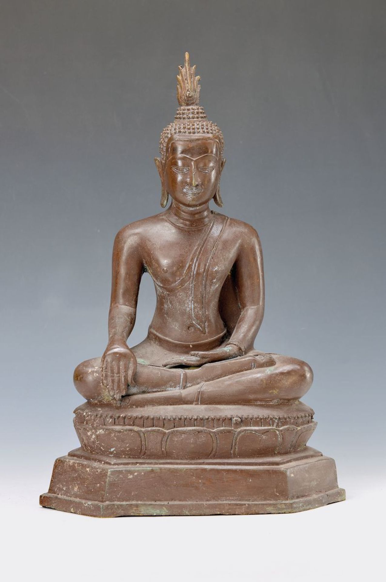 Buddha, Thailand, 19th c., Bronze, aeruginous,gesture of touching the earth, lotus pedestal ,