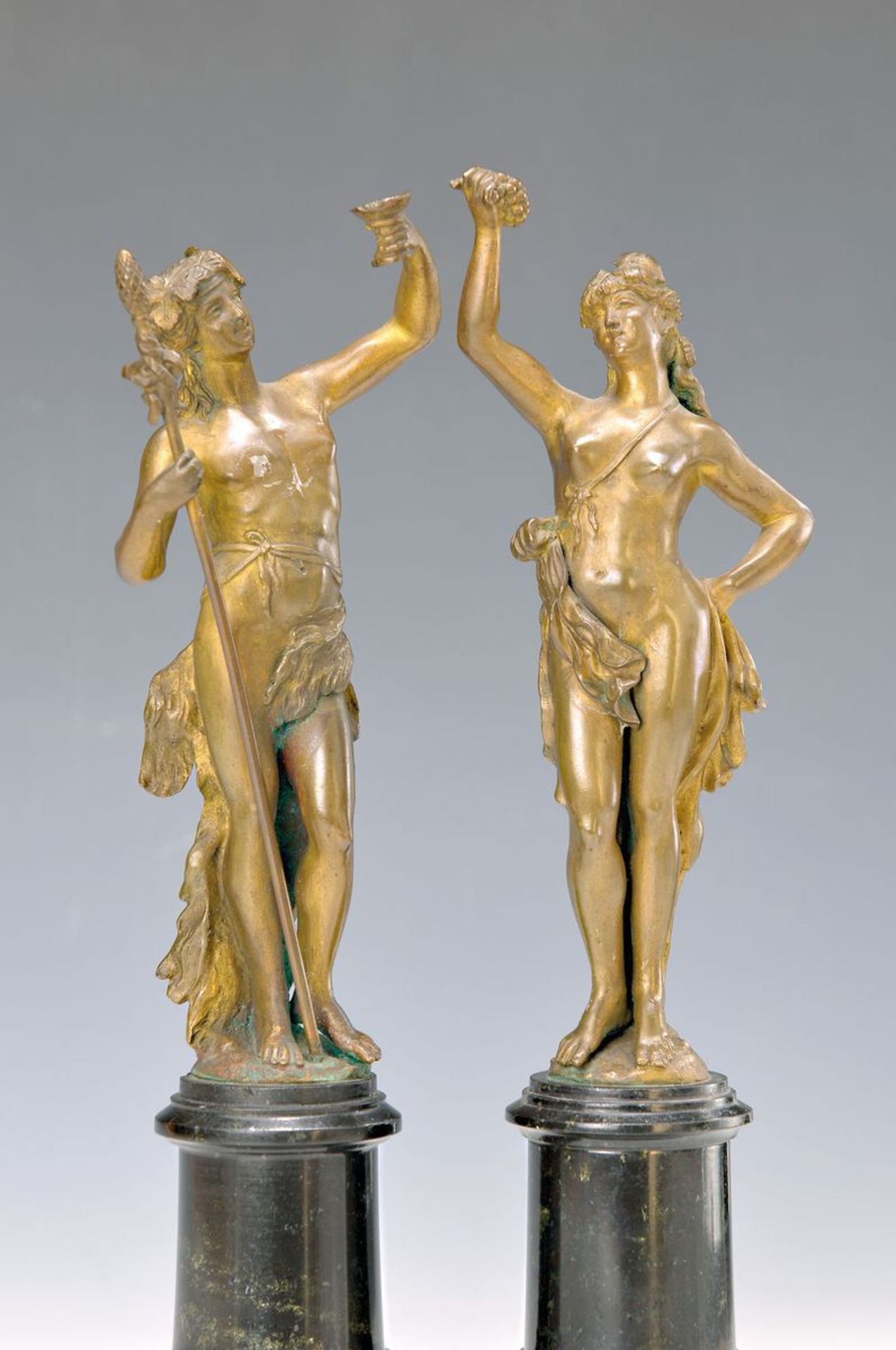 couple of Bronze figures, France, around 1900/20, bacchante, on round serpentine base, H. approx. 30