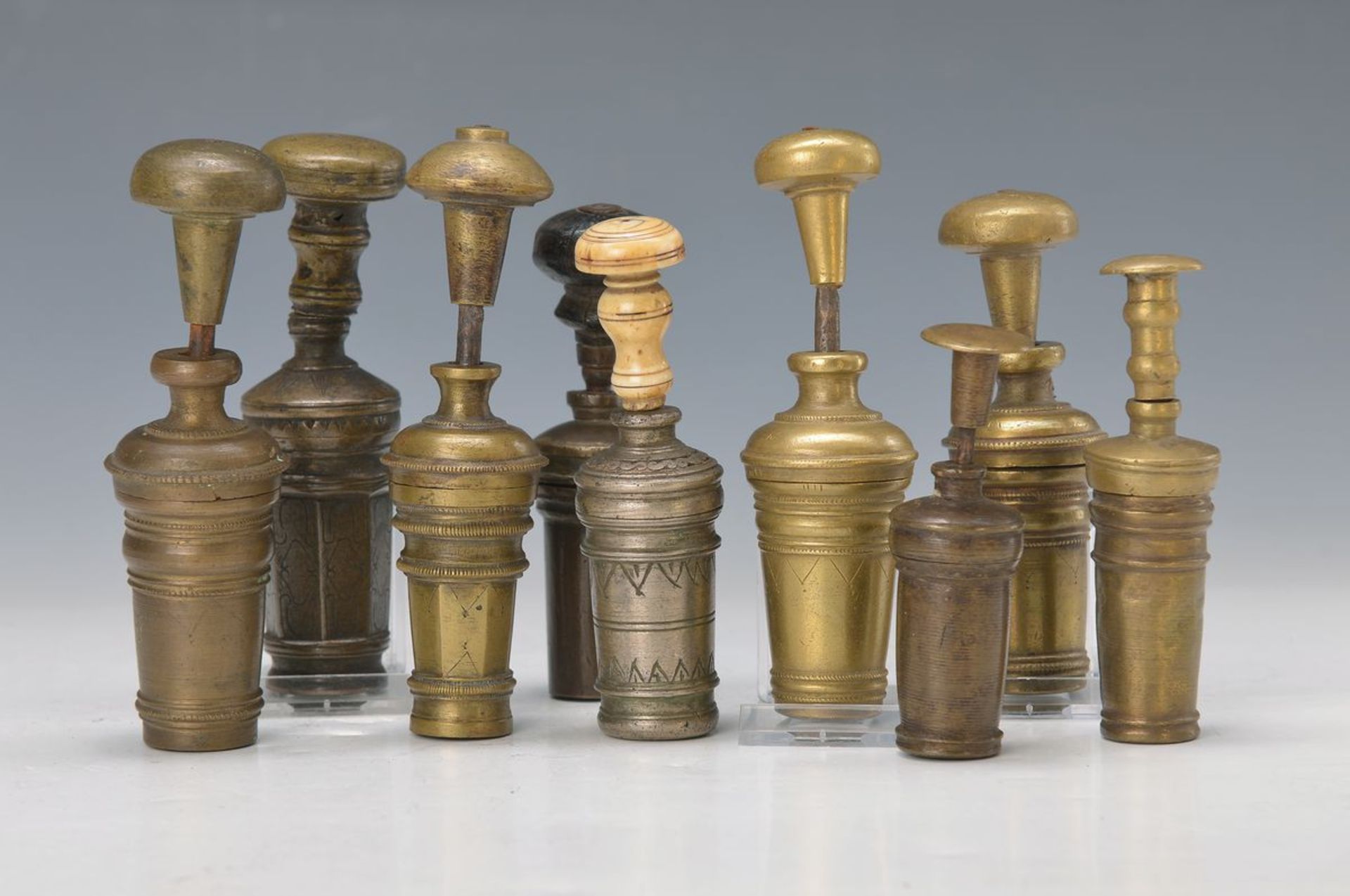 collection of 9 Betel nut Mortars, Indonesia, 19. and beginning 20th c., mostly Bronze, partly