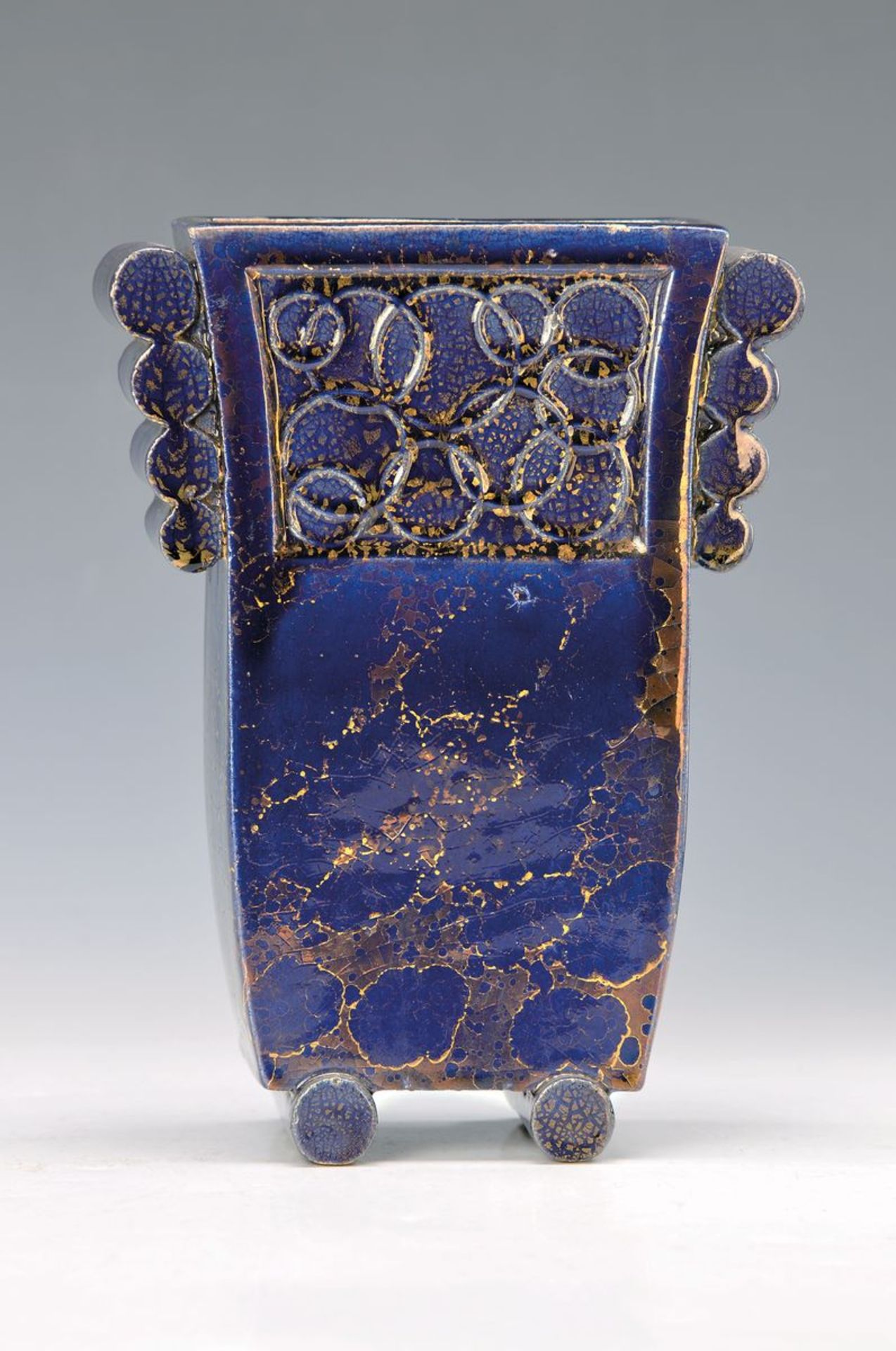 stoneware vase, France, around 1925-30, signed Andree Vau, marked Boulognie, rectangular shape,