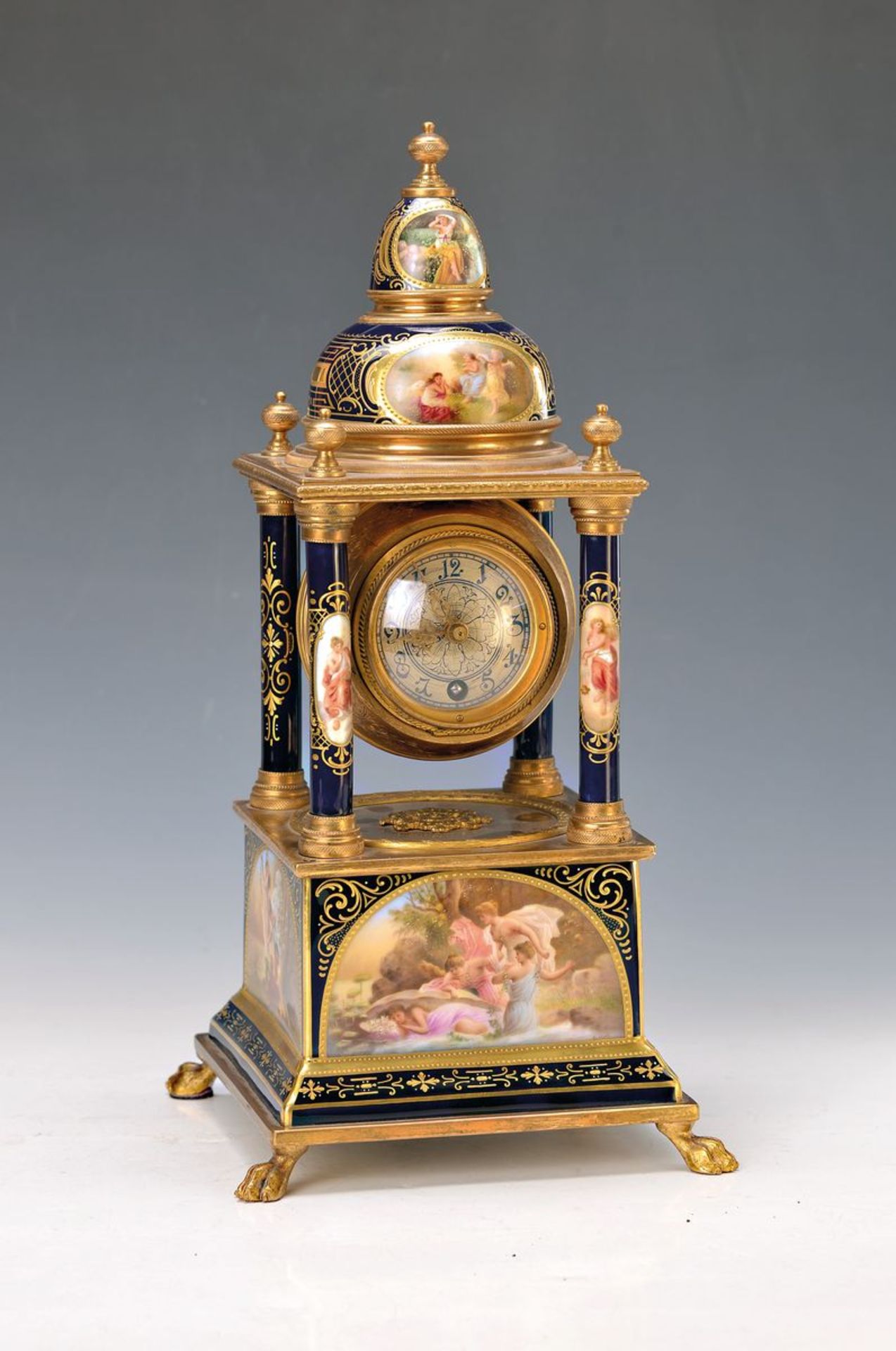 table clock, Franz Dörfl, porcelain-painting, around 1900, porcelain corpus with four-sided