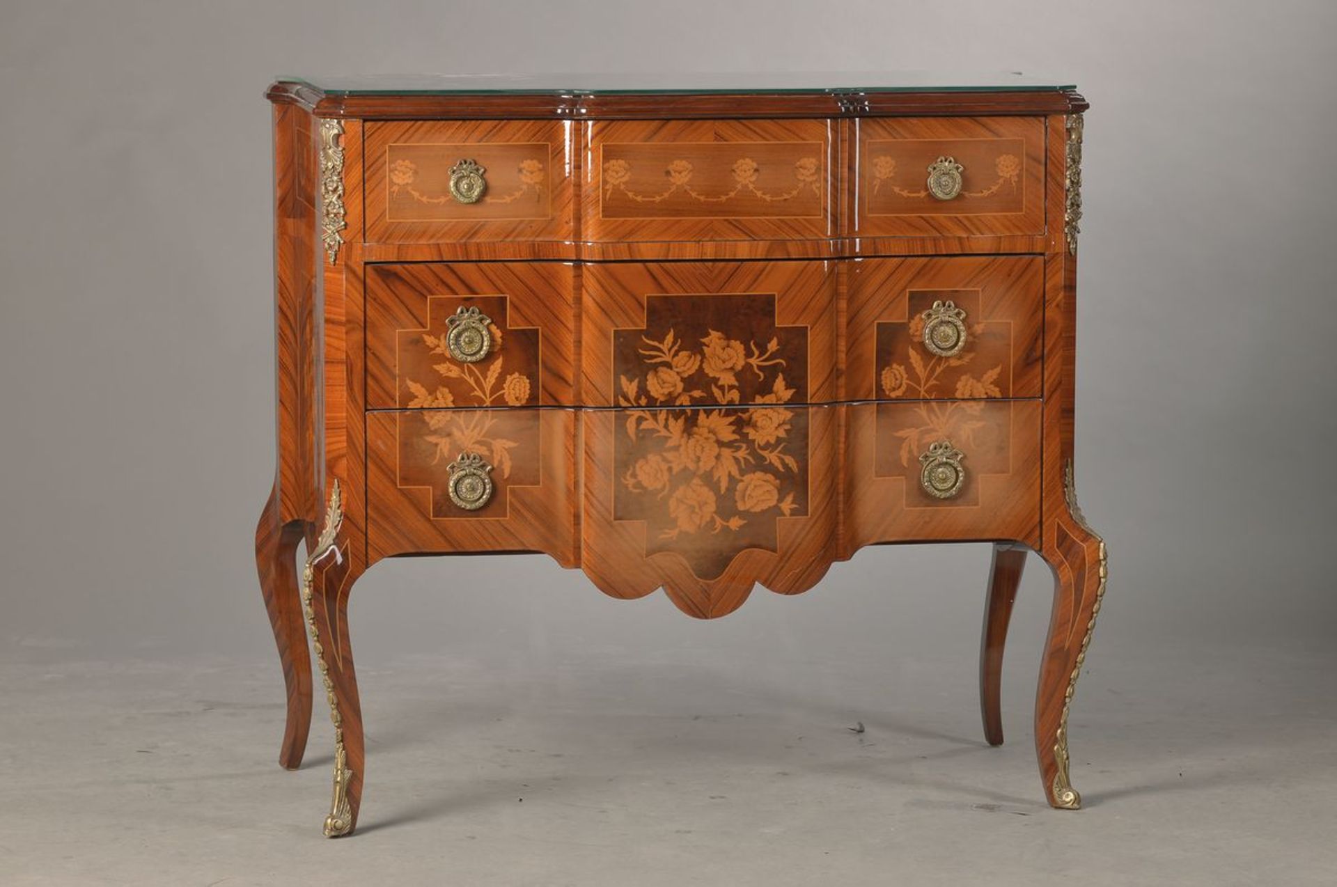 chest of drawers, Louis Seize-style, 20th c., palisander veneer and mahogany veneer, floral floral