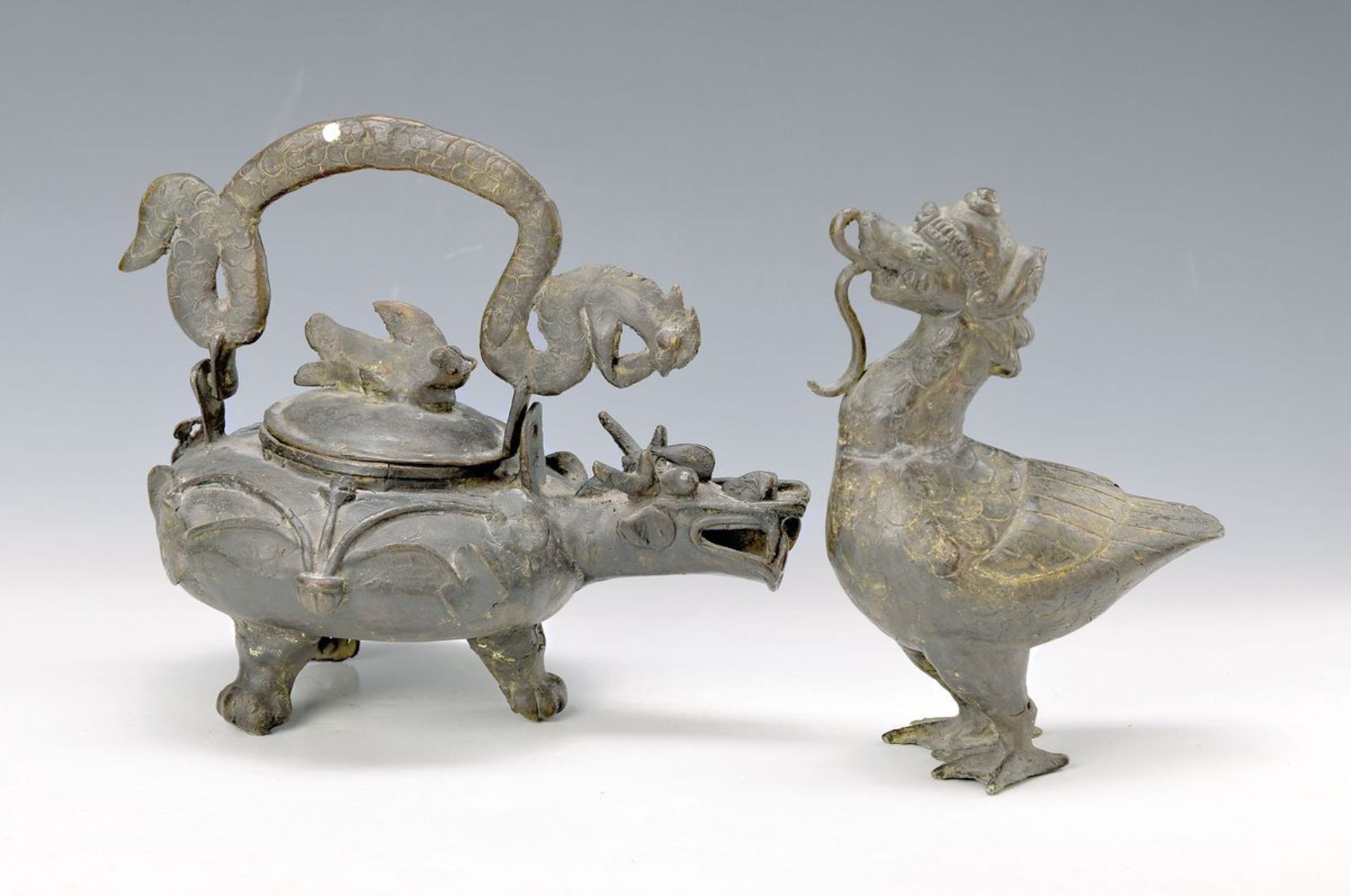 two parts, India, 19th c., mystic bird, approx. 24 x 17 cm and one pot for the sacred water of the