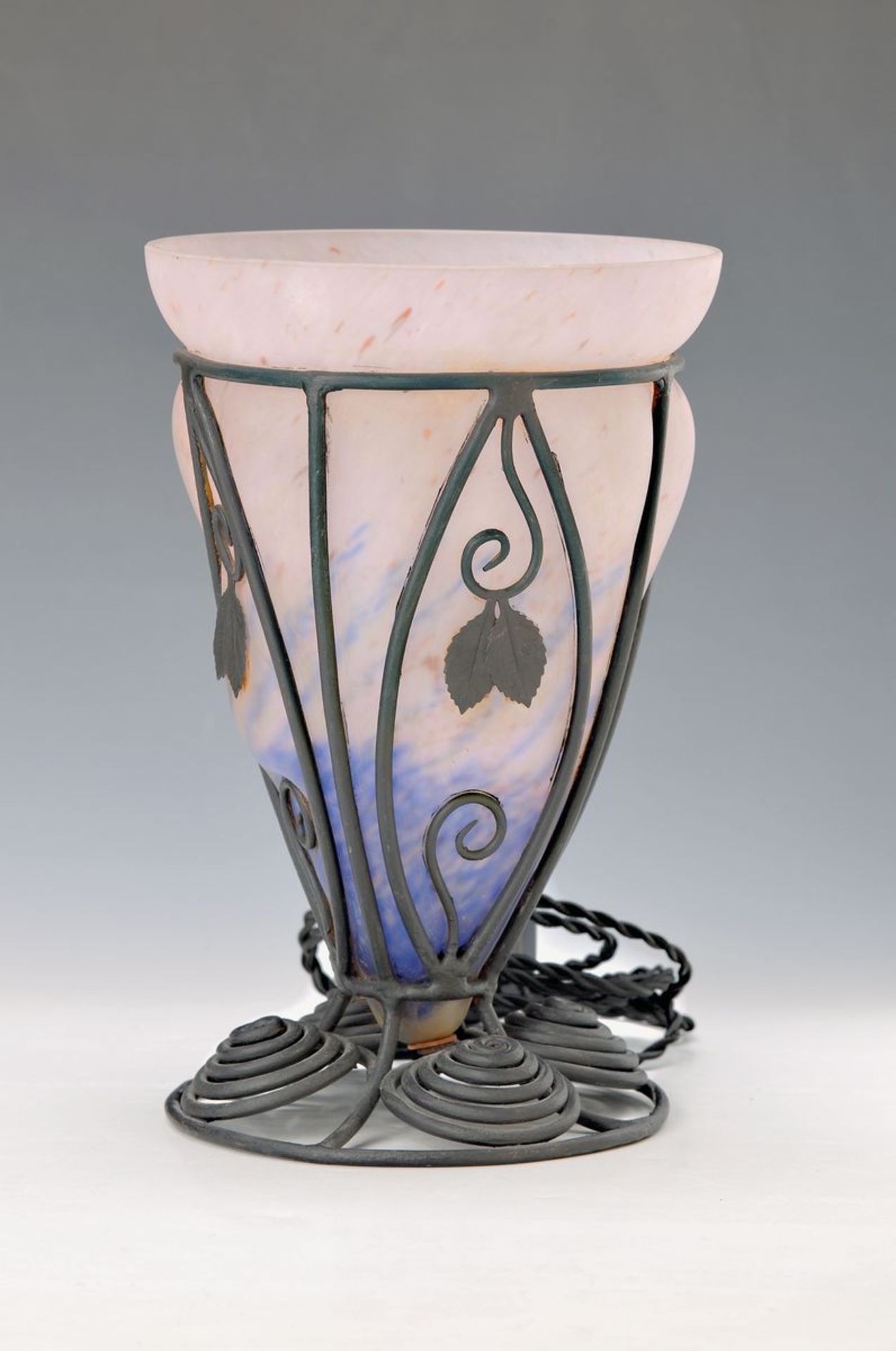 table lamp, France, around 1920, pate-de-verrewith blue and rose powdering, in the wrought iron