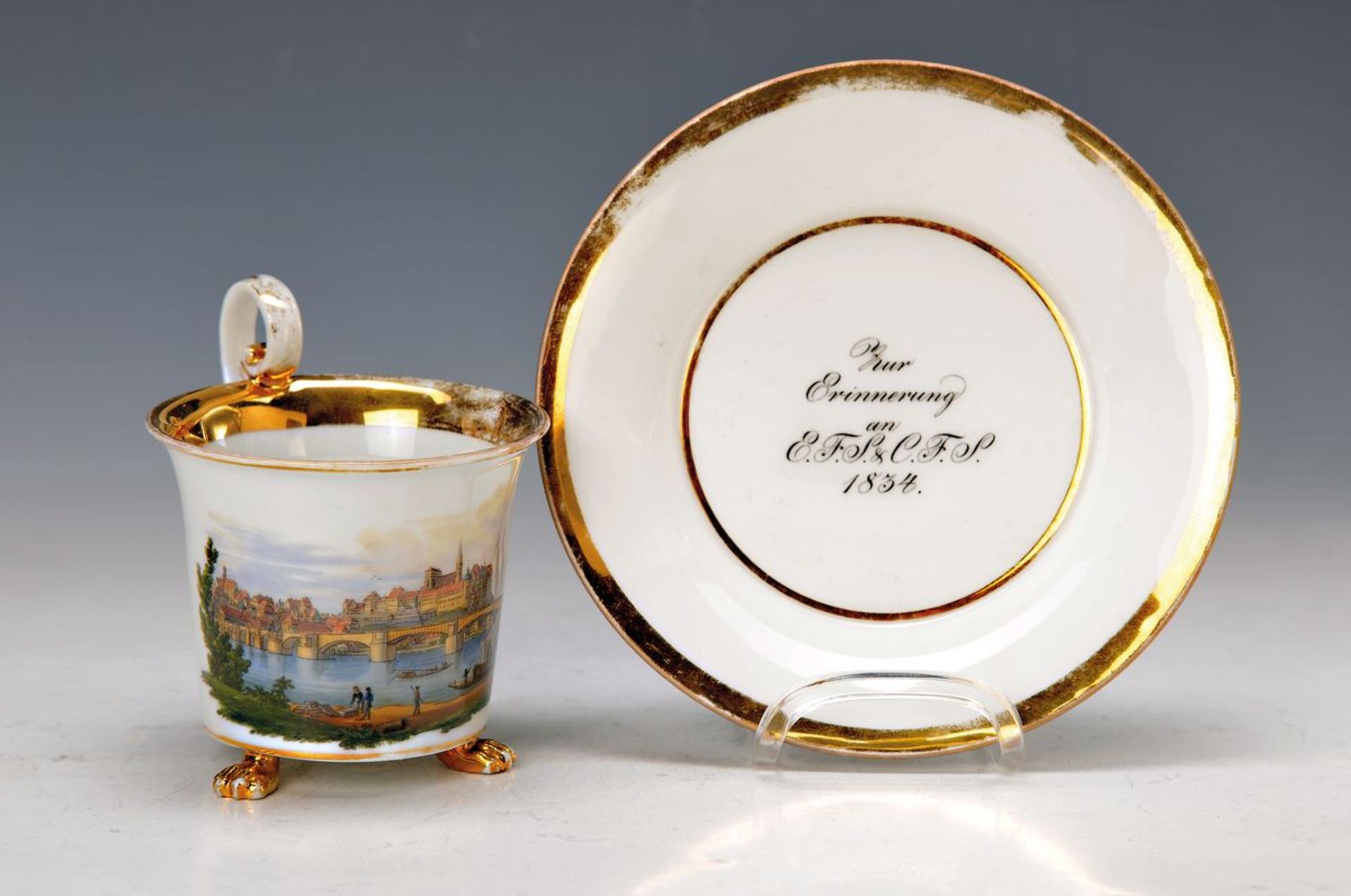 Biedermeier cup, Meissen, dat. 1834, view of Meissen, lithographed and painted, gilding abraded,