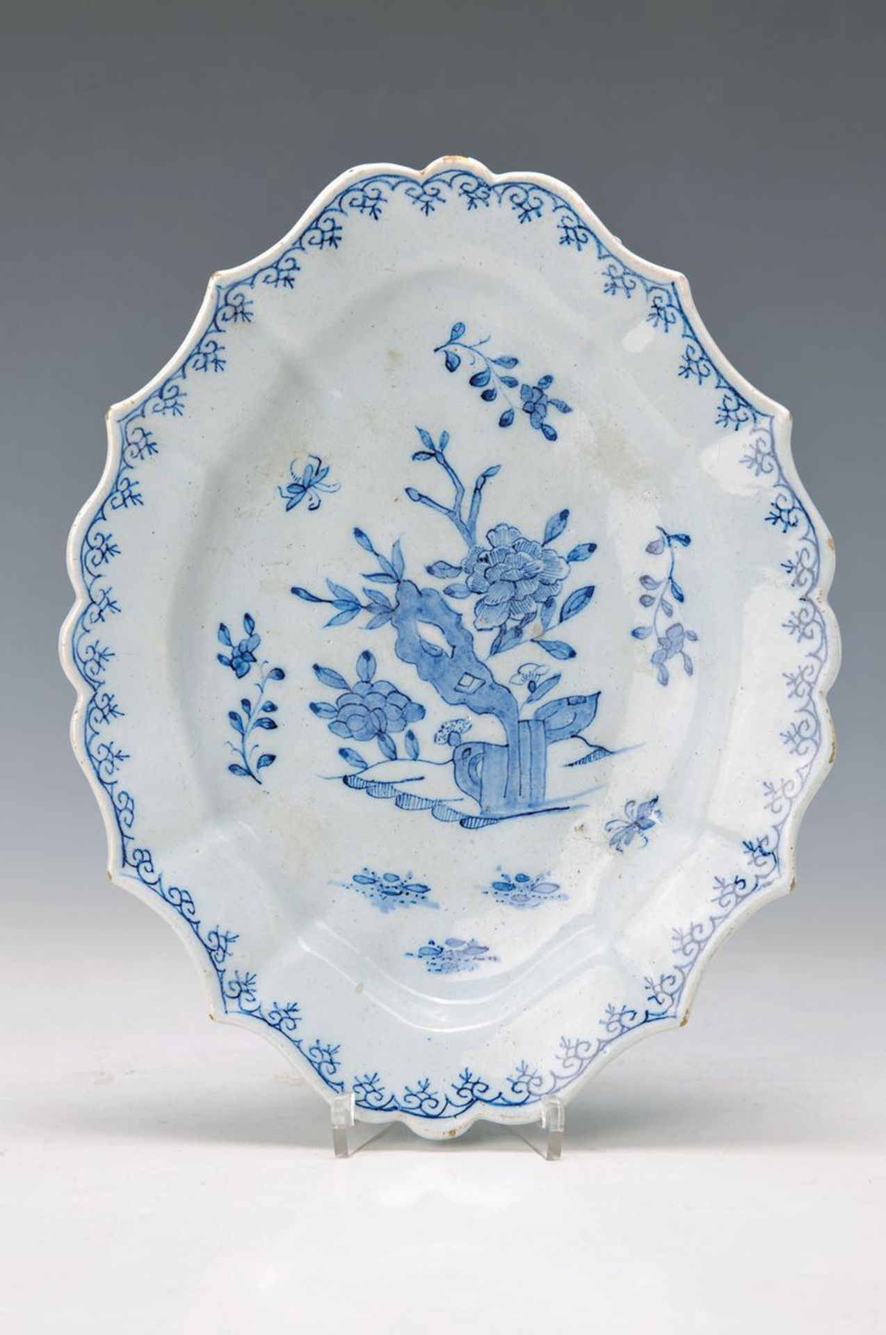 bowl, Delft, 18. th c.., faience, grey glazed with blue painting of flowers, marked HDK = Gillis