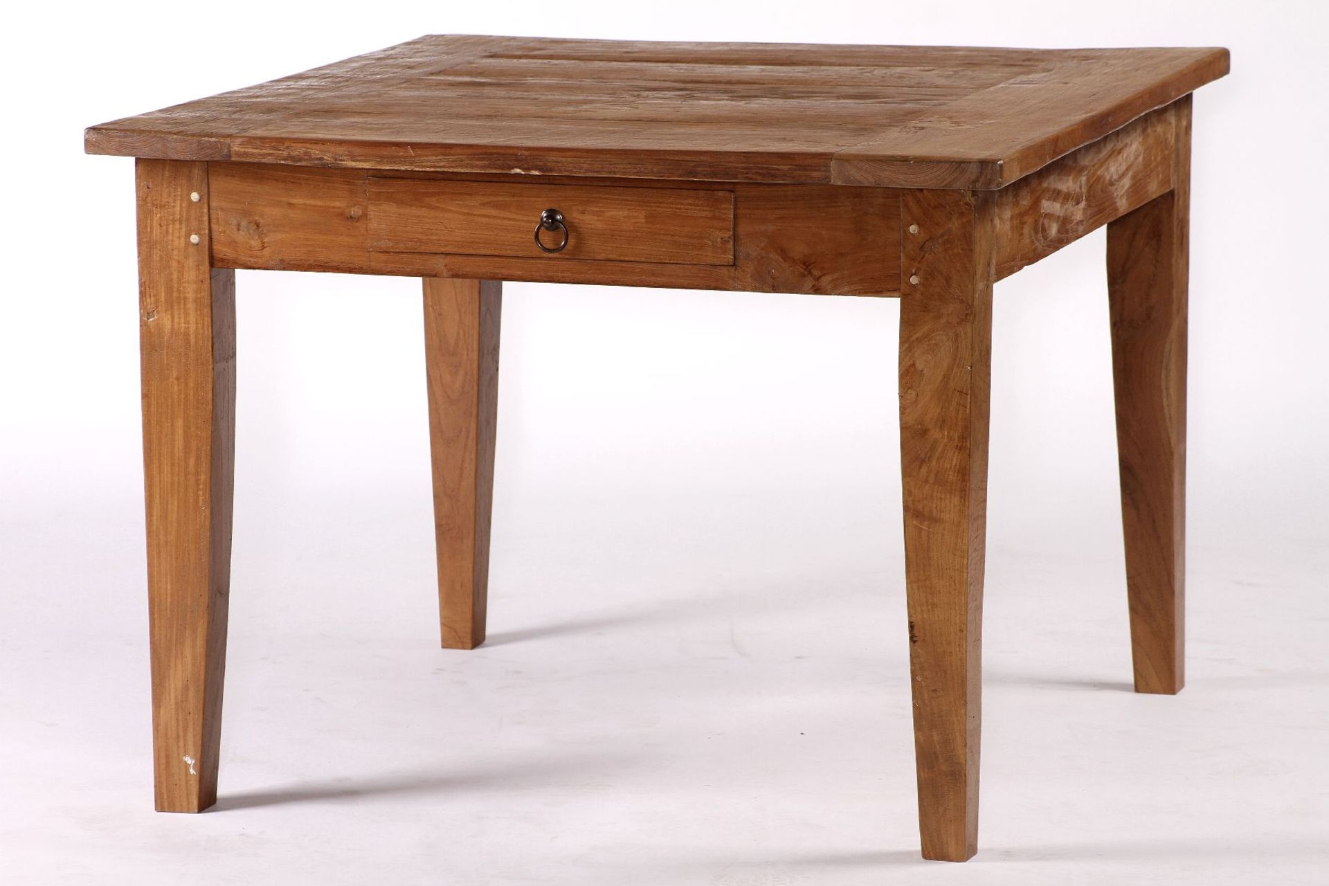 Table, teak solid, very stable, conical legs, traces of use, approx. 74x100x99 cm