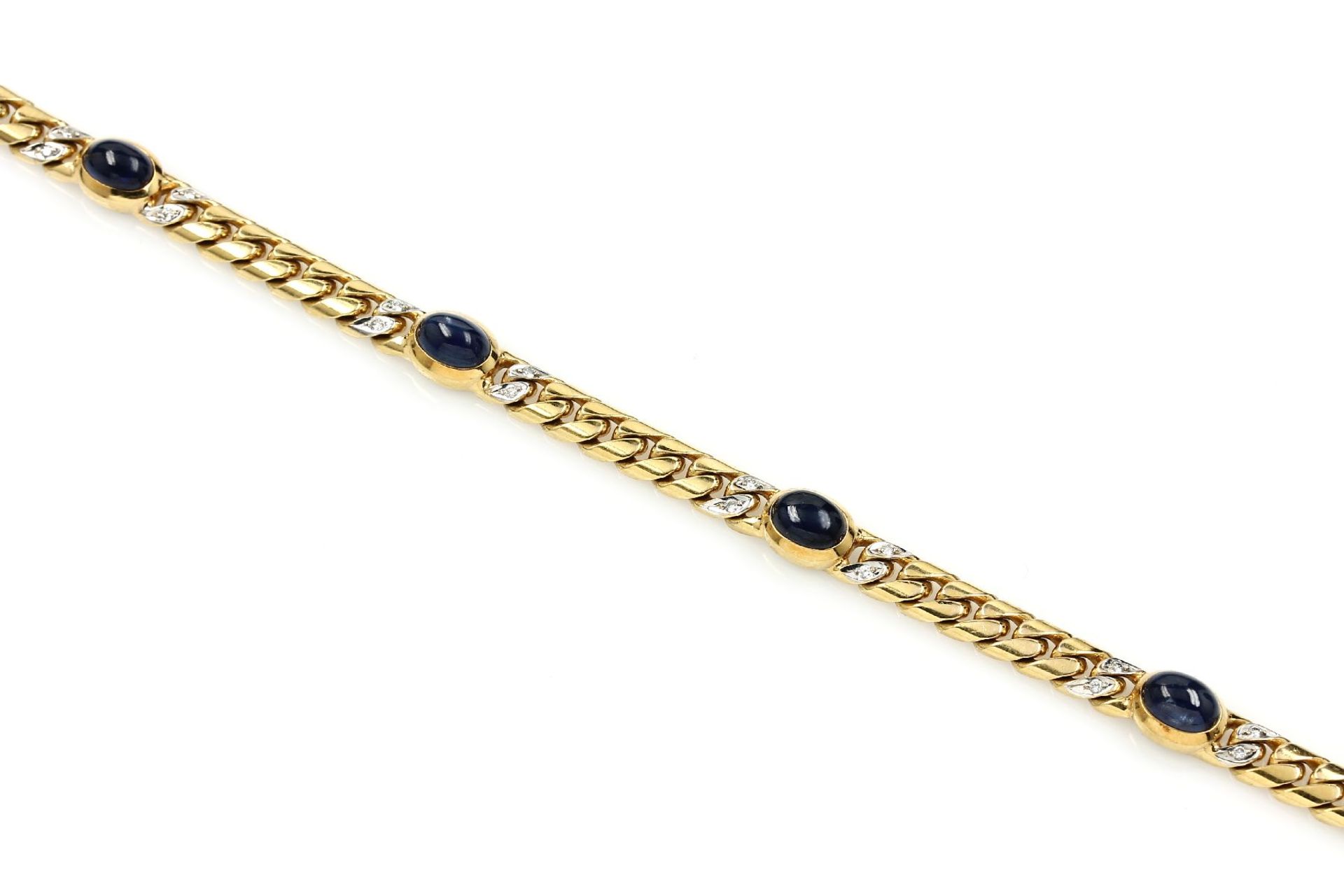 14 kt gold bracelet with sapphire and diamonds , YG 585/000, 5 oval sapphirecabochons totalapprox.