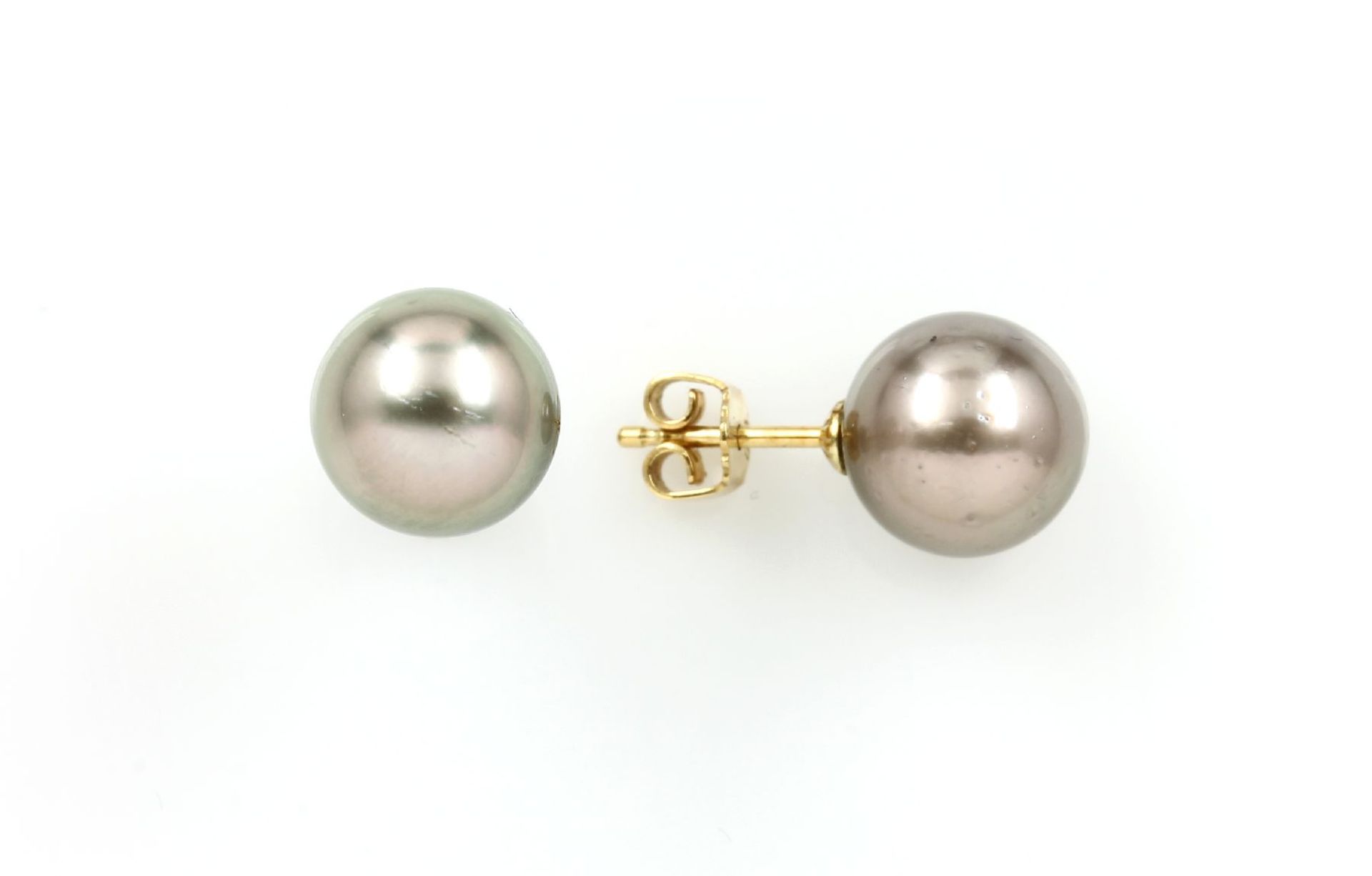 Pair of earrings with cultured tahitian pearls , YG 750/000, silver grey pearls diam. approx. 10