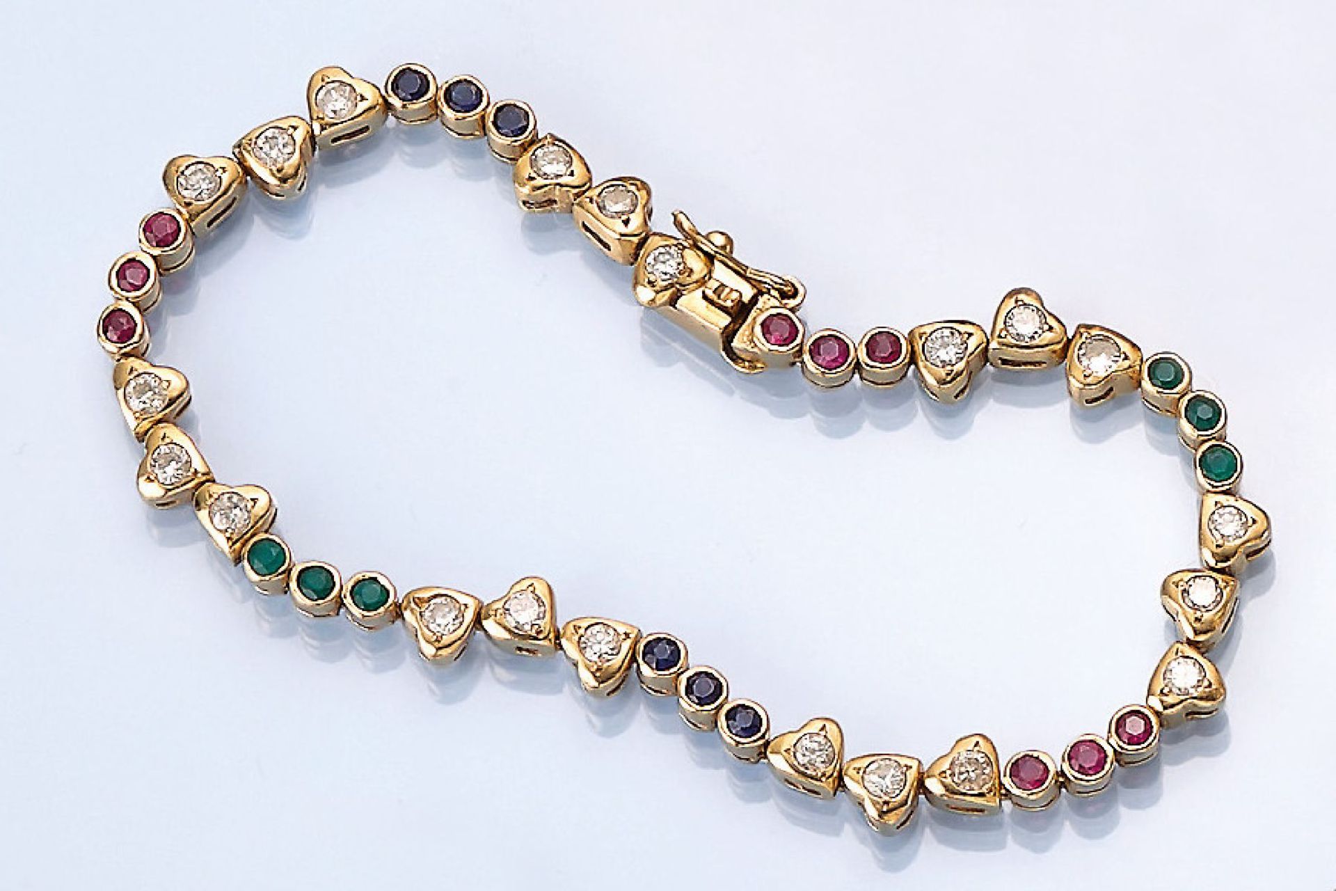 18 kt gold bracelet with coloured stones and brilliants , YG 750/000, brilliants total approx. 2