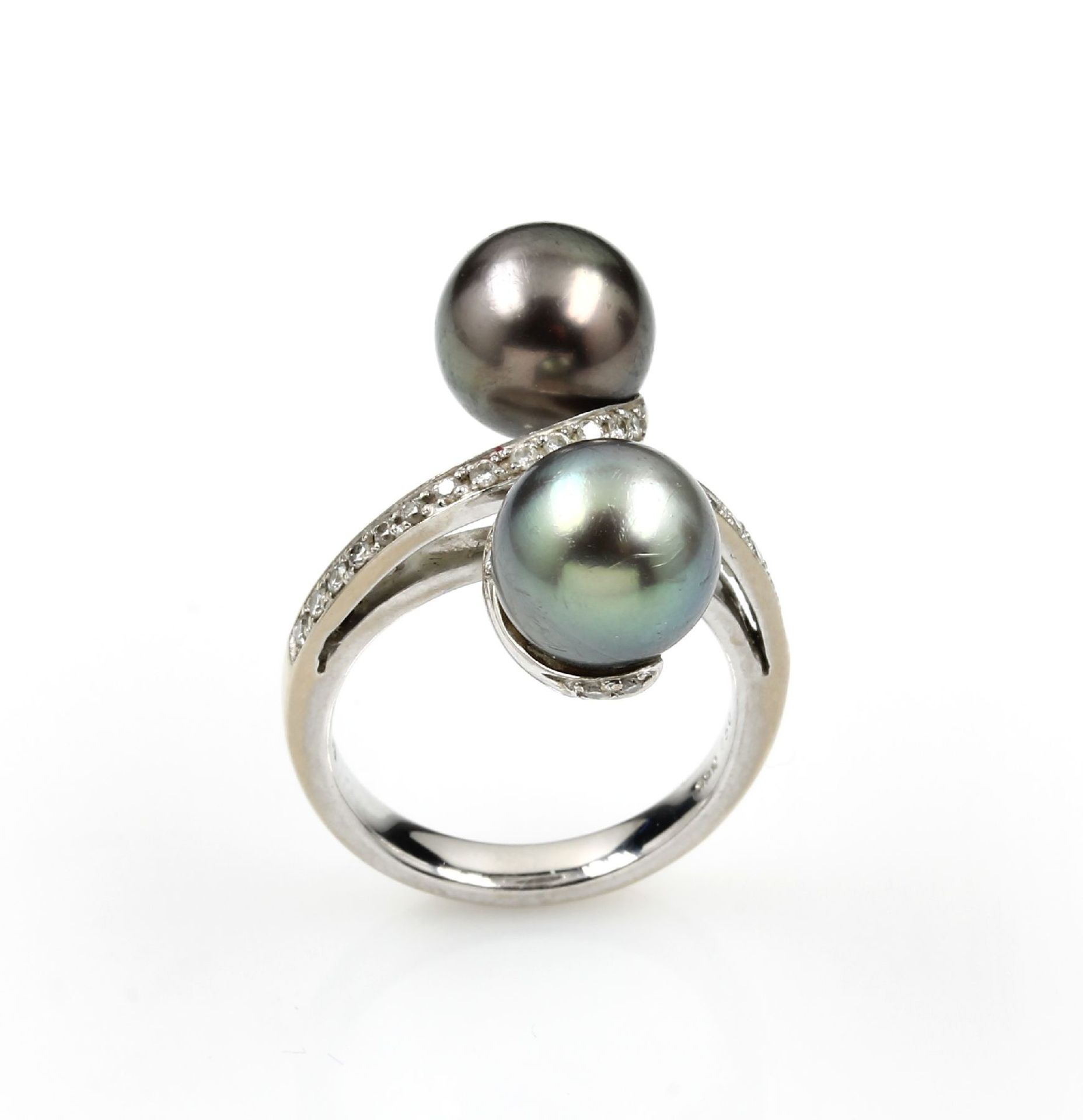 18 kt gold ring with cultured tahitian pearls and diamonds , WG 750/000, asymm. splint with 2 - Bild 2 aus 4