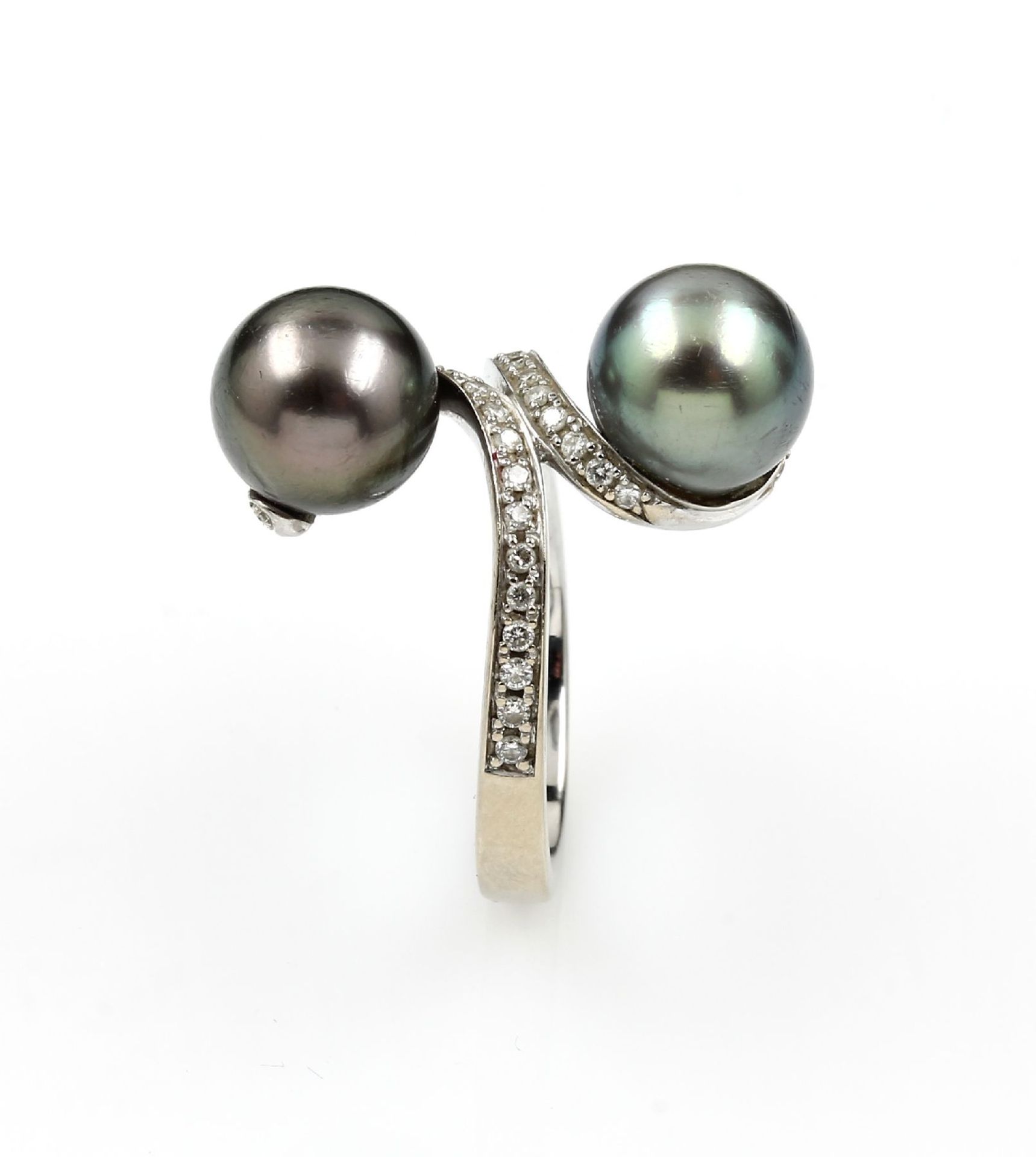 18 kt gold ring with cultured tahitian pearls and diamonds , WG 750/000, asymm. splint with 2 - Bild 3 aus 4