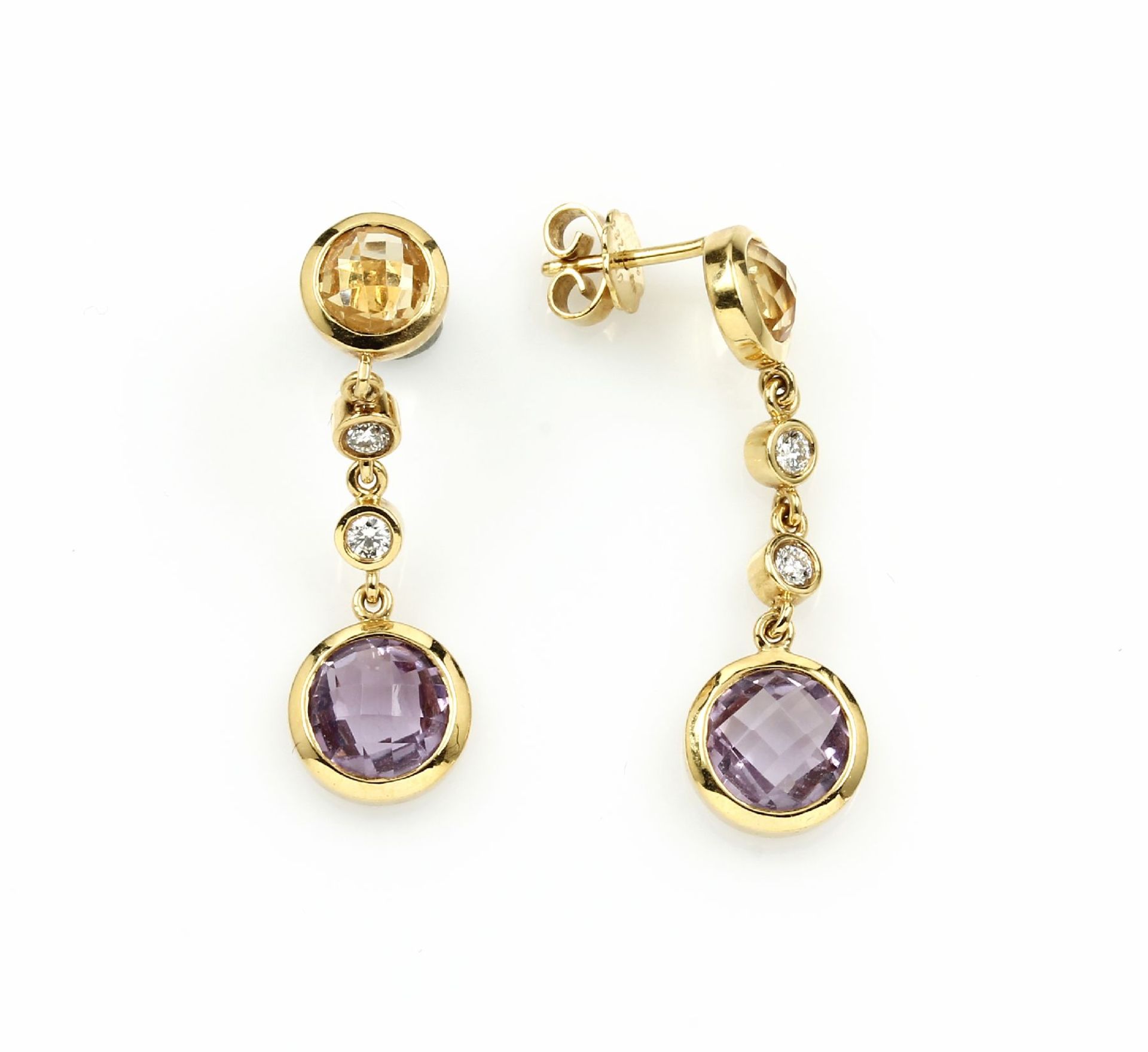 Pair of 18 kt gold LEO WITTWER earrings with amethysts , citrines and brilliants, YG 750/000,