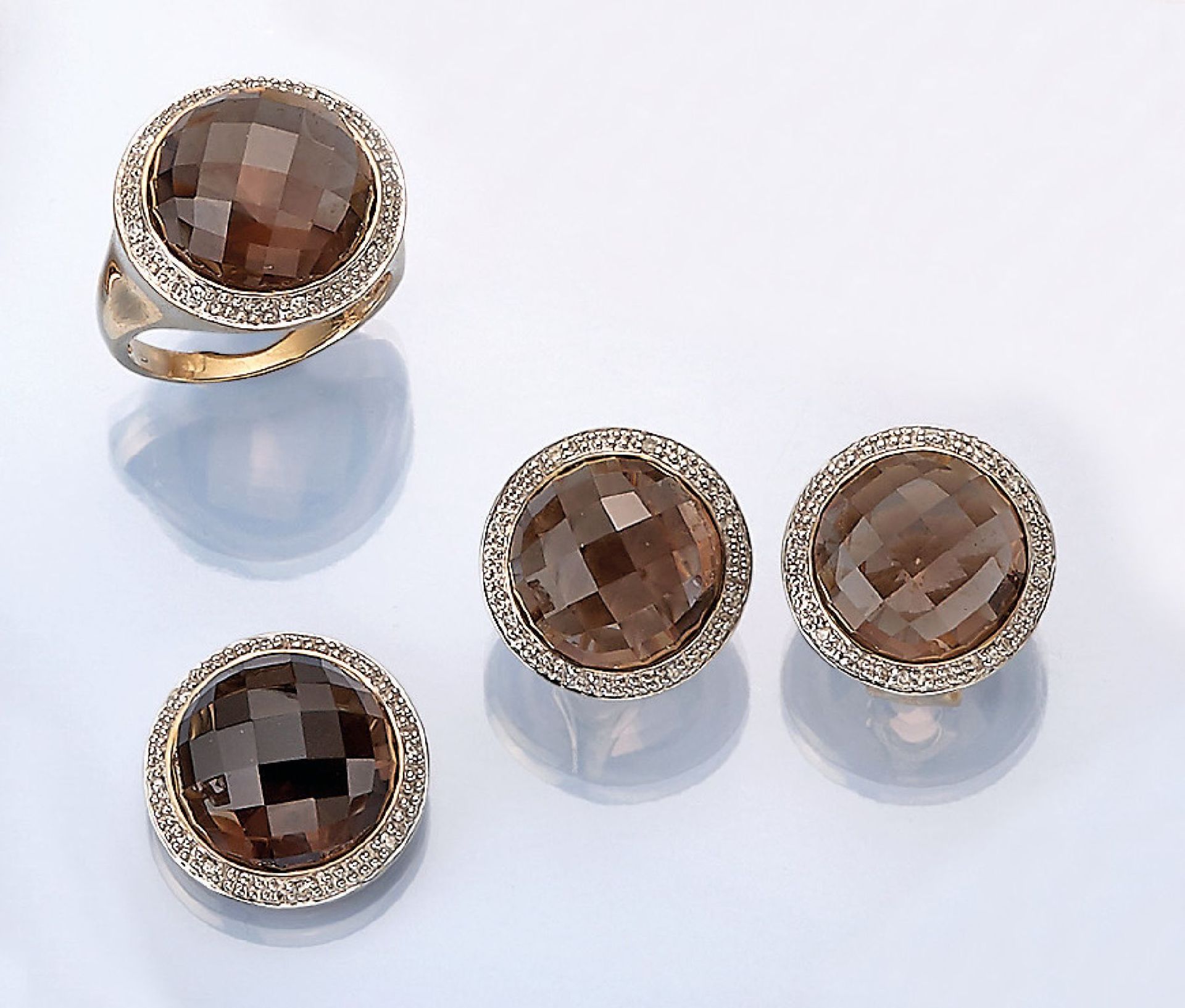 14 kt gold jewelry set with smoky quartz and brilliants , YG 585/000, partly rhod., comprised of: