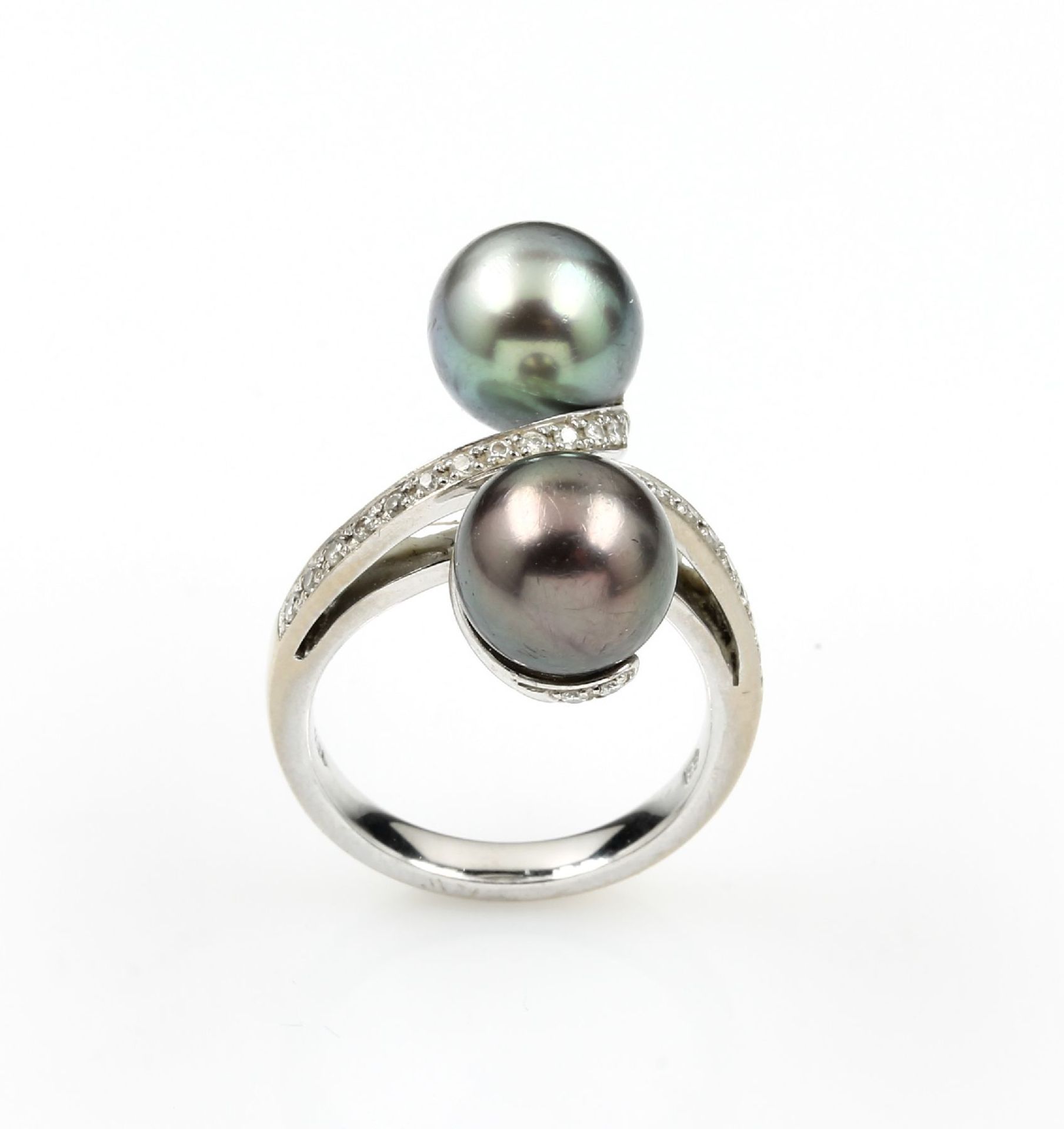 18 kt gold ring with cultured tahitian pearls and diamonds , WG 750/000, asymm. splint with 2 - Bild 4 aus 4