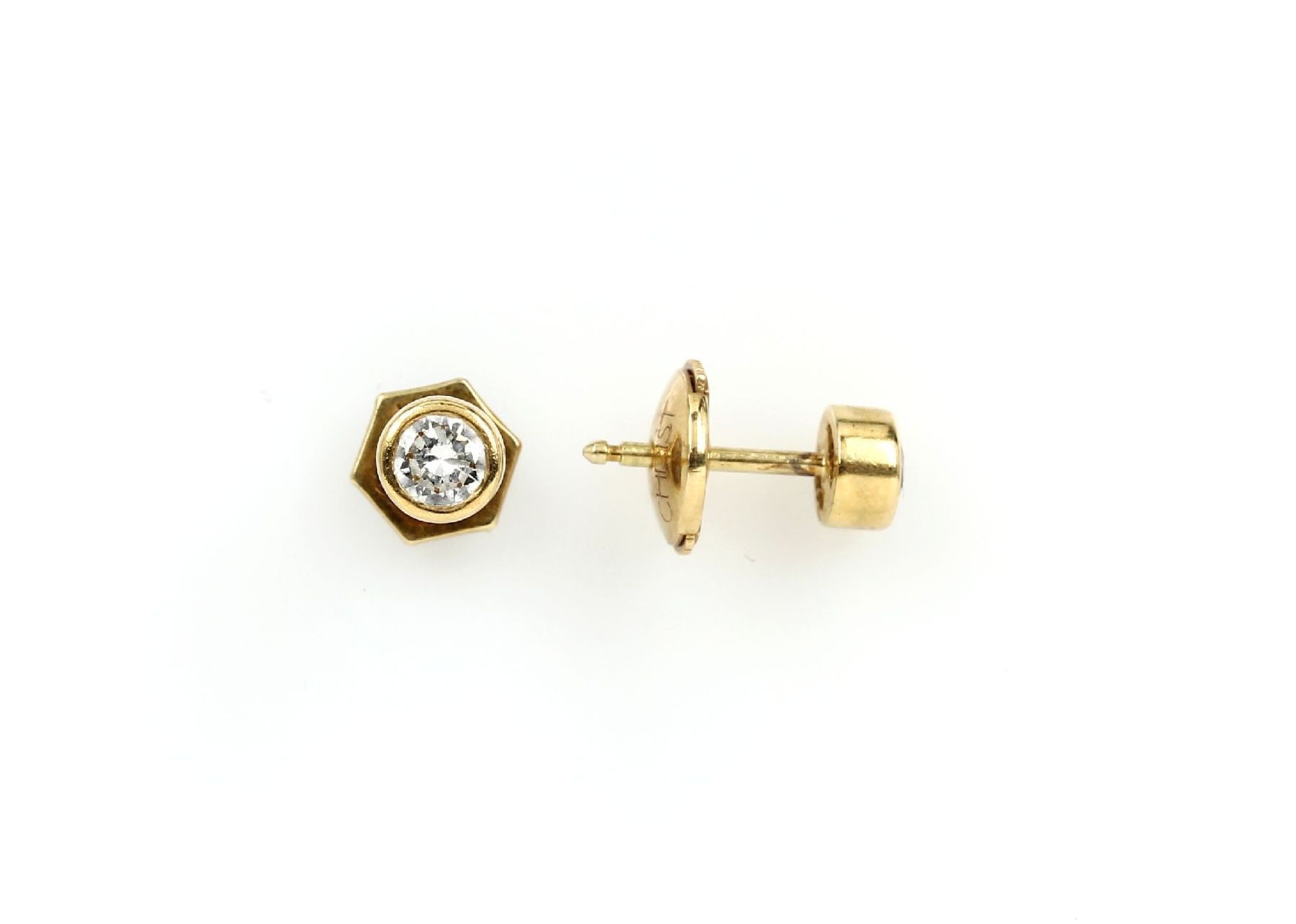 Pair of 18 kt gold CHRIST earrings with brilliants , YG 750/000, 2 brilliants total approx. 0.5 ct