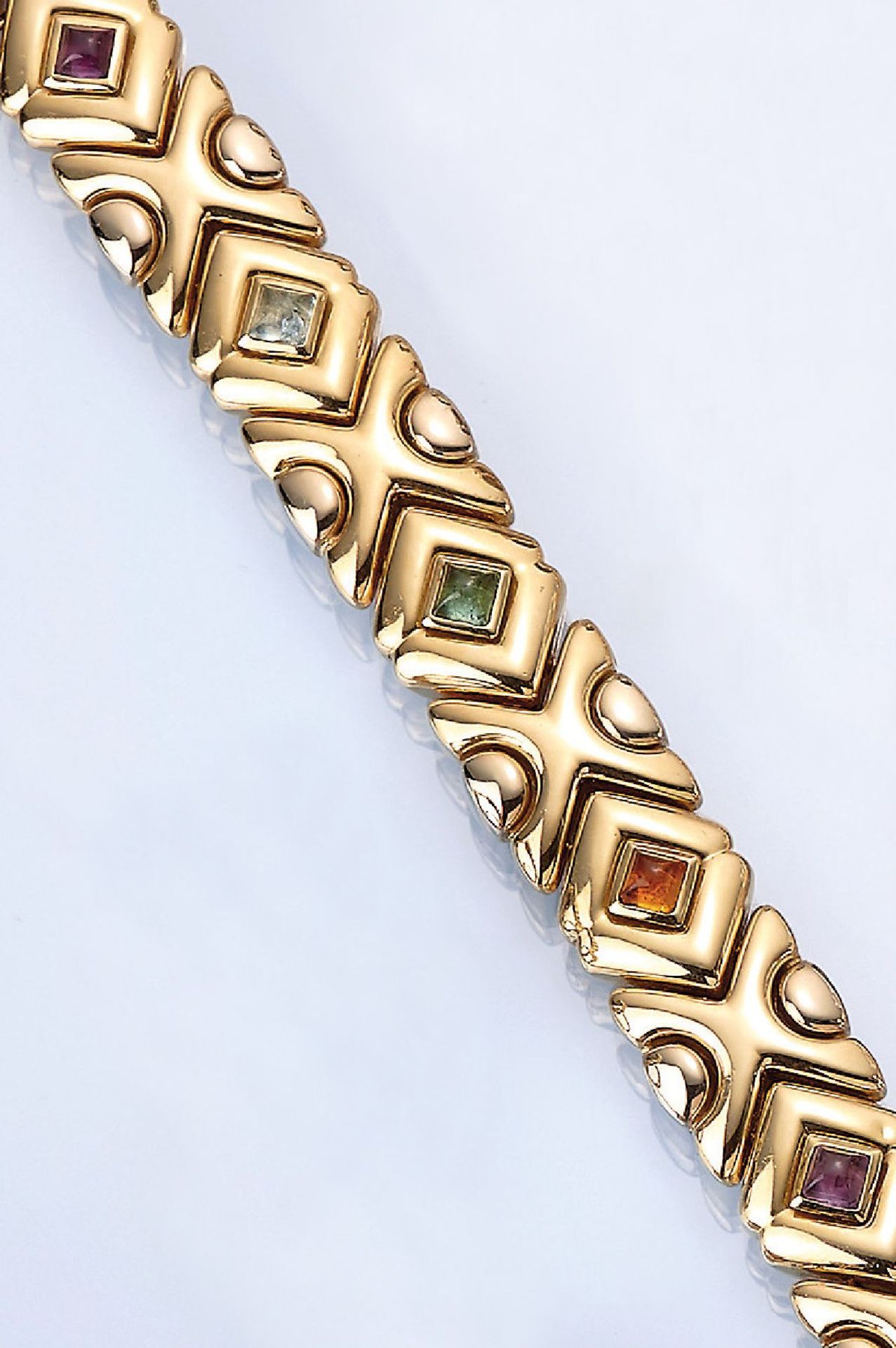 18 kt gold bracelet with coloured stones , YG 750/000, with 6 various rectangle coloured stone