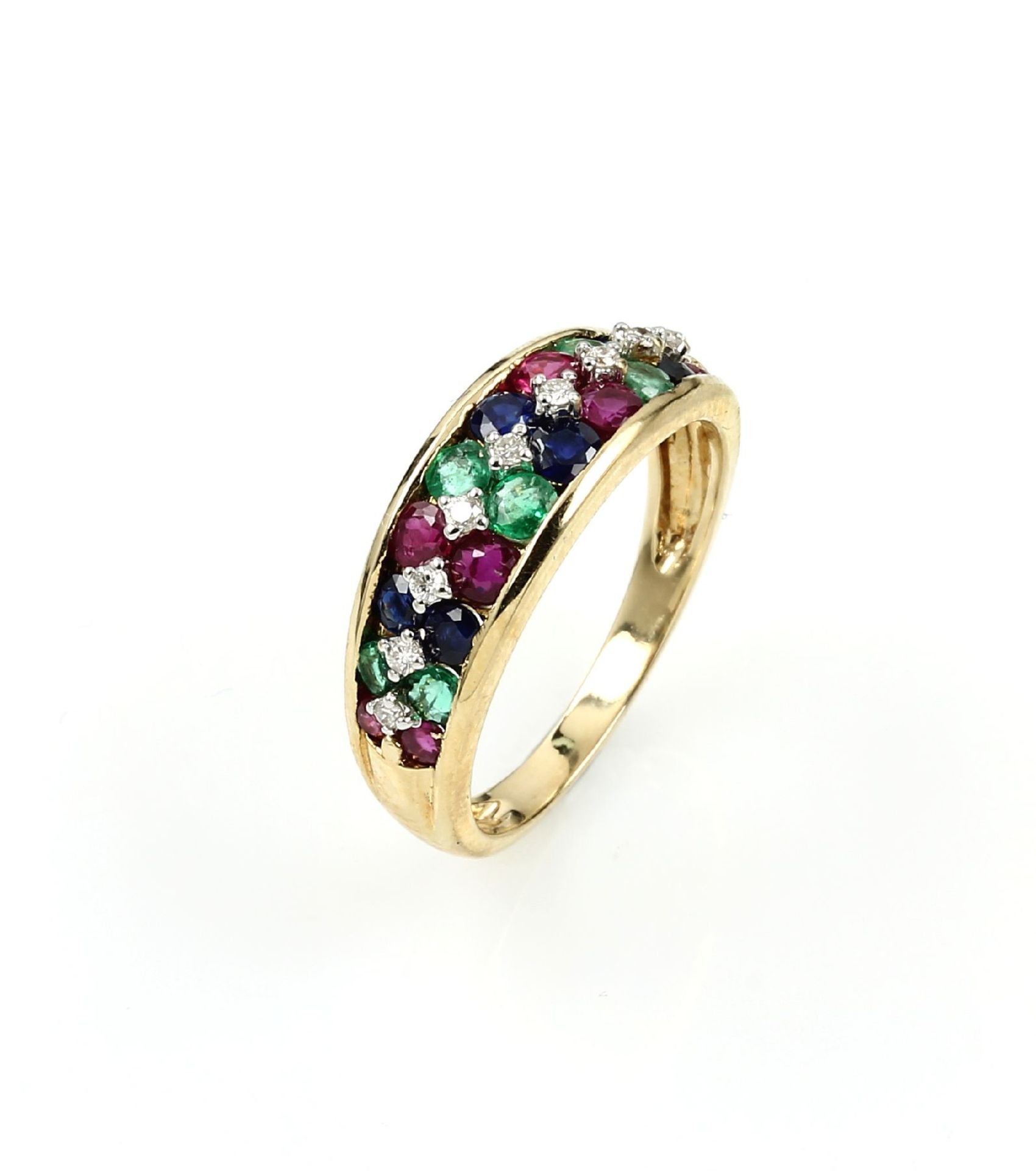 14 kt gold ring with coloured stones and brilliants , YG 585/000, round bevelled rubies, sapphires