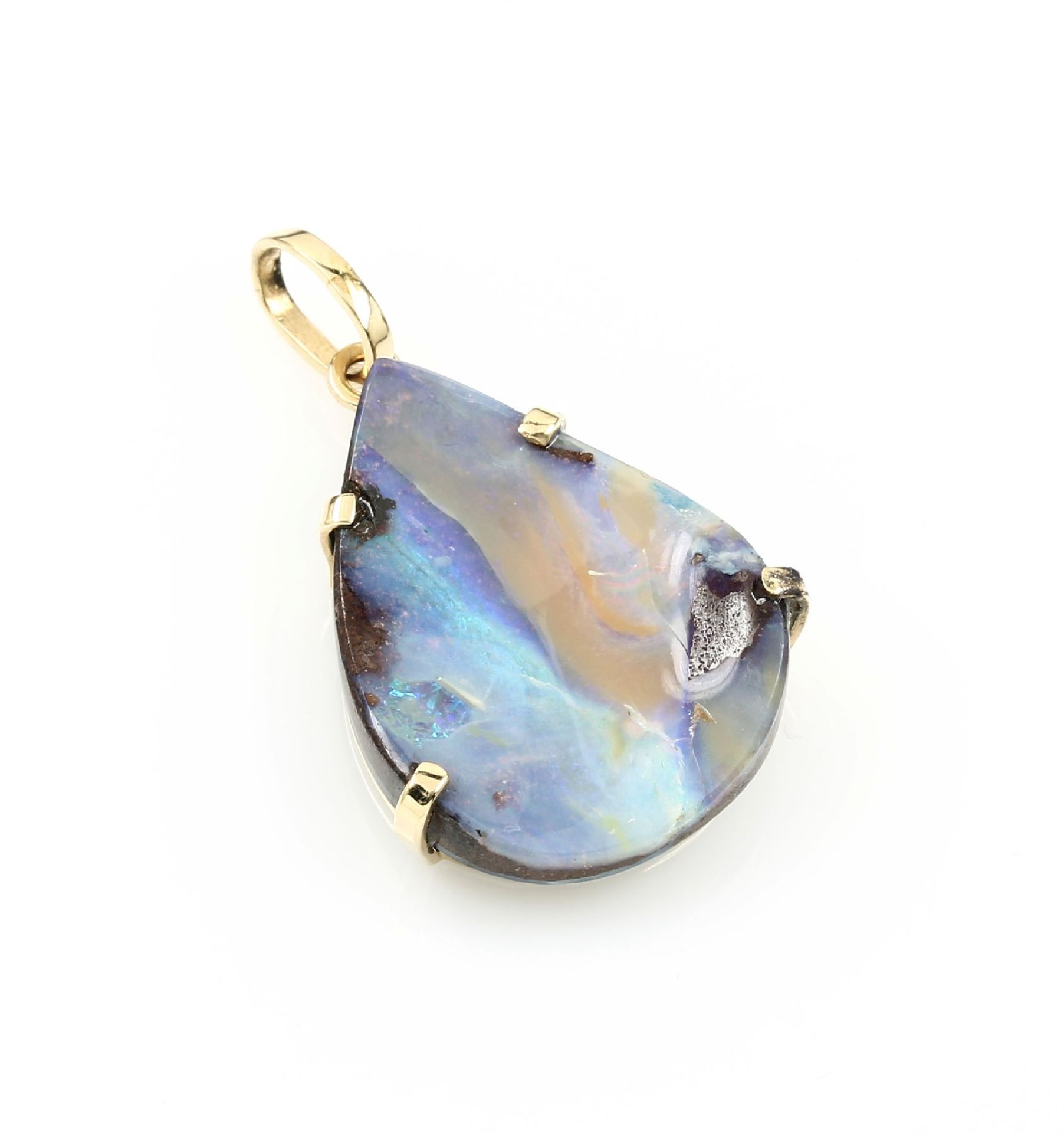 14 kt gold pendant with boulderopal , YG 585/000, opal pear approx. 14.00 ct, prong setting, l.