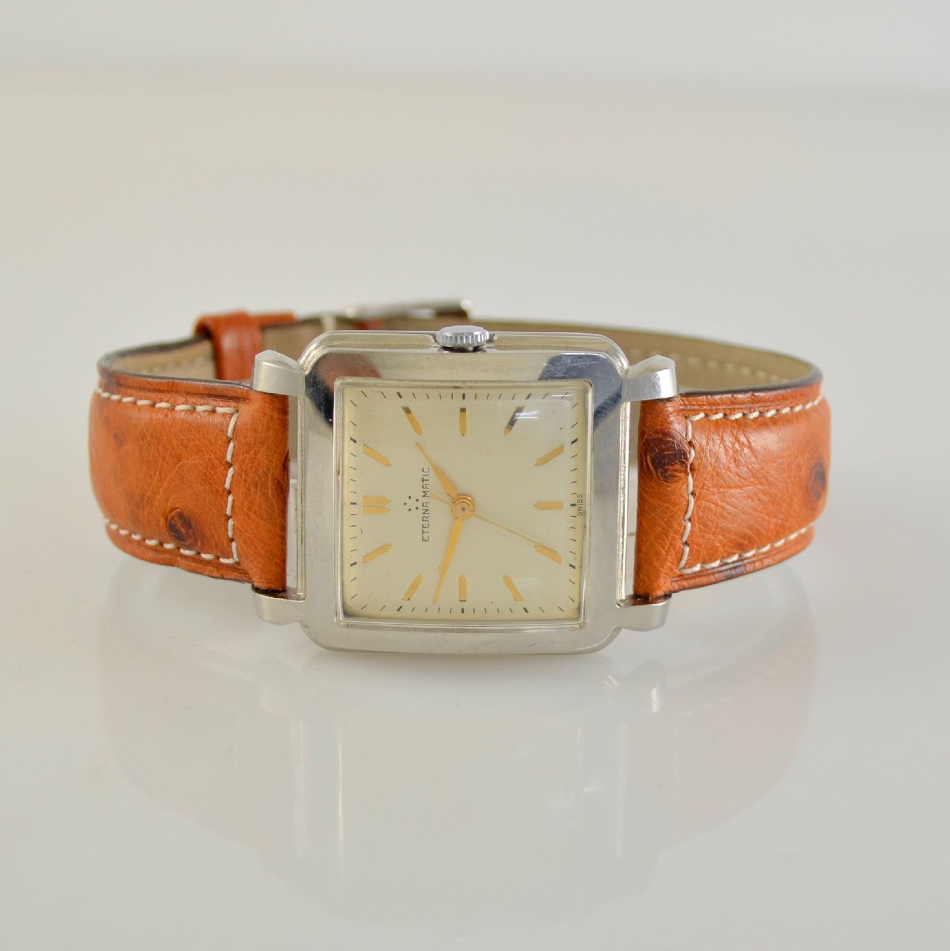 ETERNA-MATIC rare square wristwatch in steel, Switzerland around 1955, self winding, pressed down