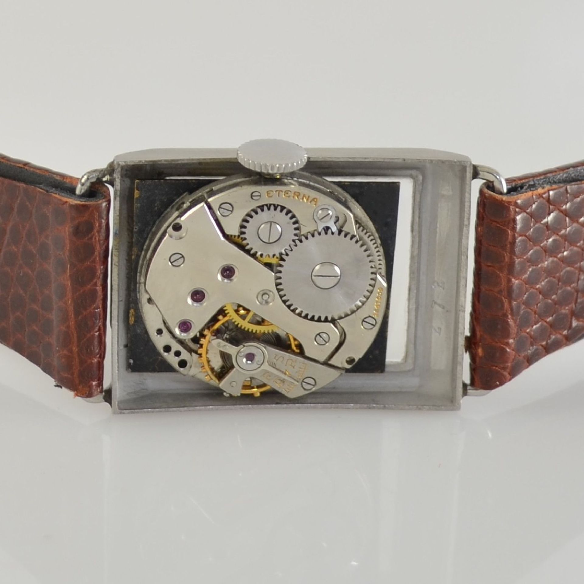 ETERNA 2 rectangular gents wristwatches in steel, Switzerland around 1940, snap on case backs, 1 x - Bild 6 aus 15