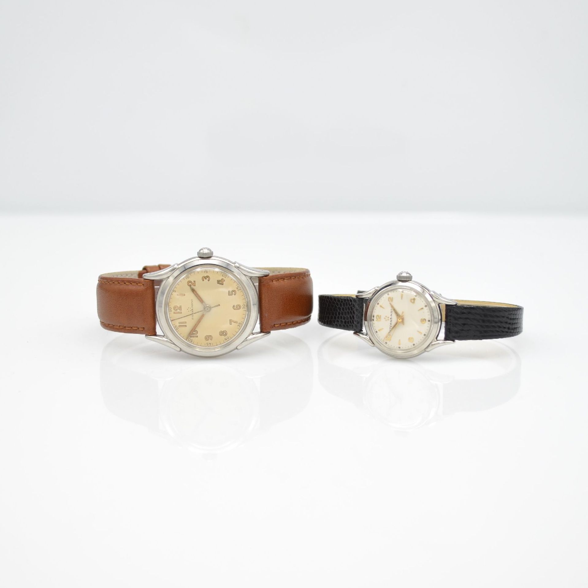 ETERNA-MATIC 2 wristwatches in steel, Switzerland around 1950, screwed down cases with unusual lugs,