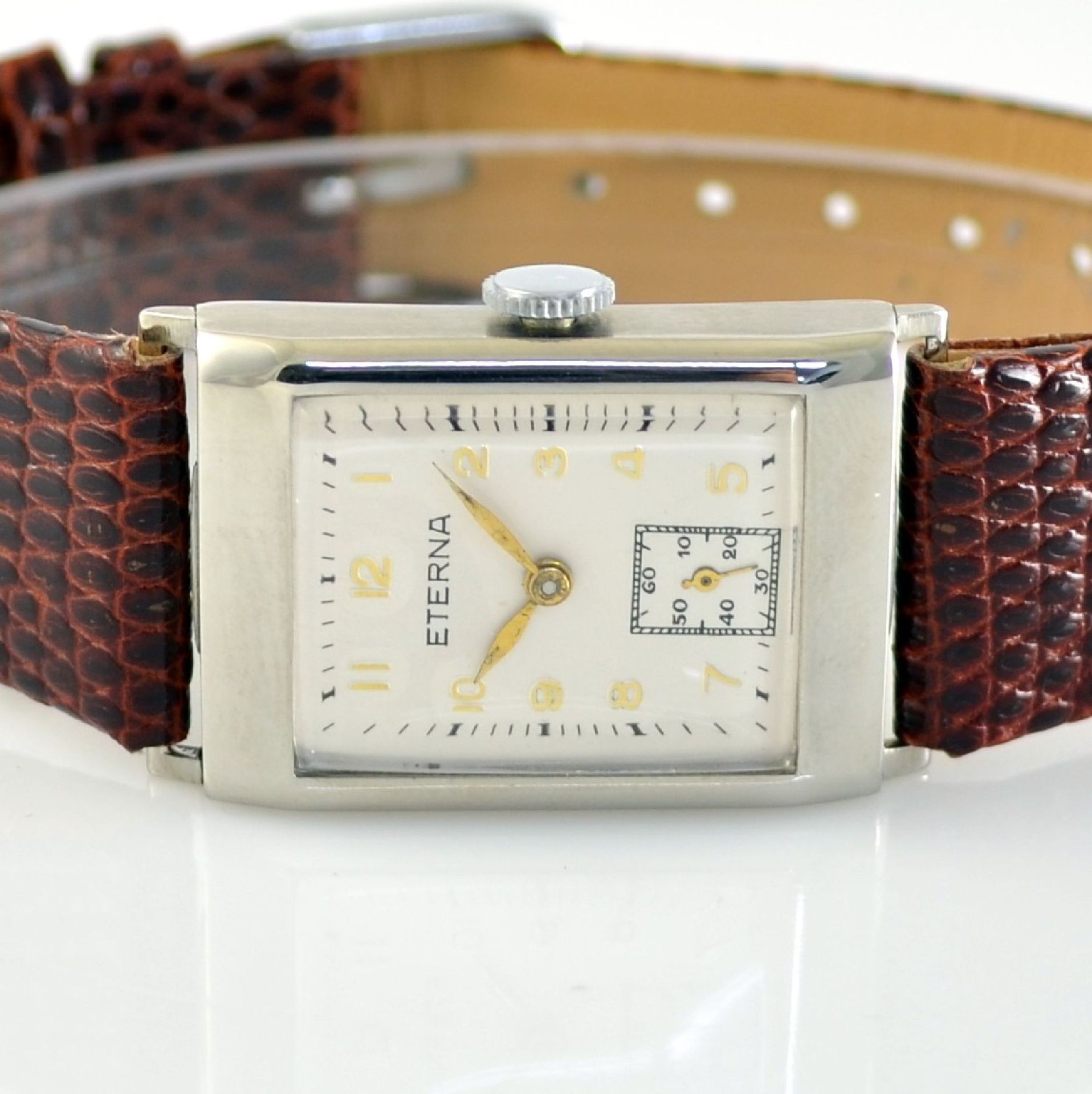 ETERNA 2 rectangular gents wristwatches in steel, Switzerland around 1940, snap on case backs, 1 x - Bild 9 aus 15