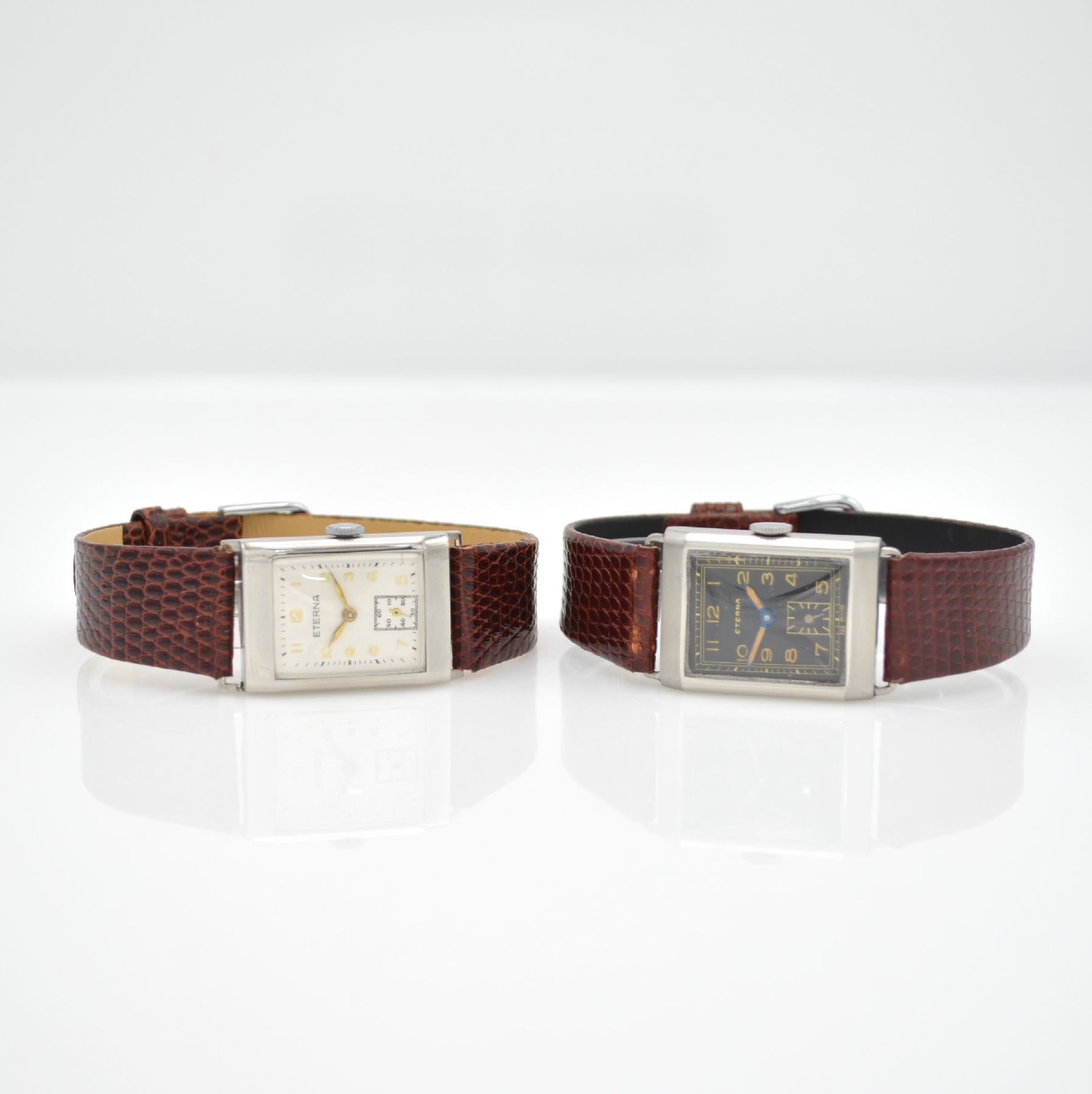 ETERNA 2 rectangular gents wristwatches in steel, Switzerland around 1940, snap on case backs, 1 x