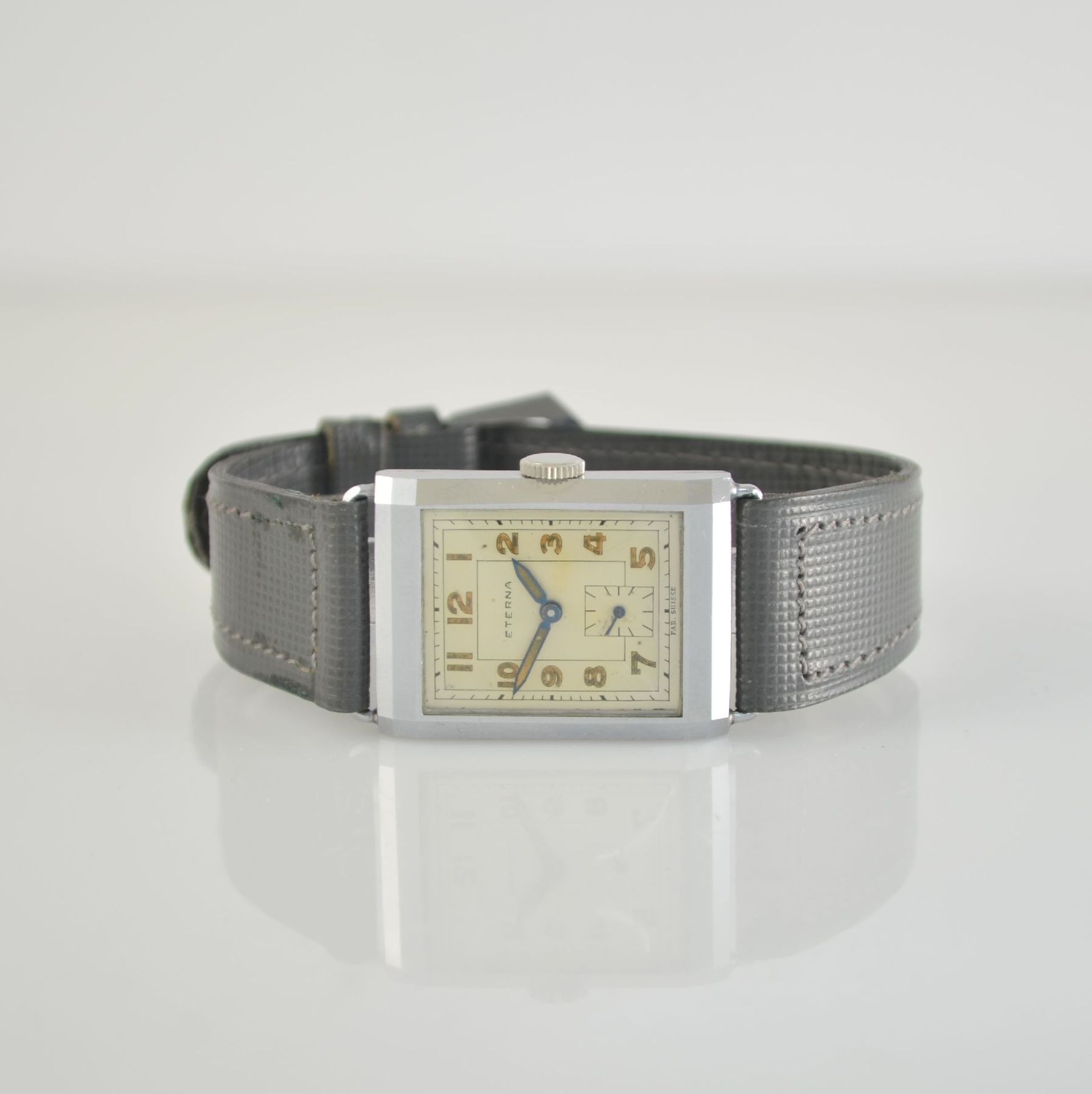 ETERNA nearly unworn rectangular wristwatch with box, Switzerland around 1935, chrome- plated