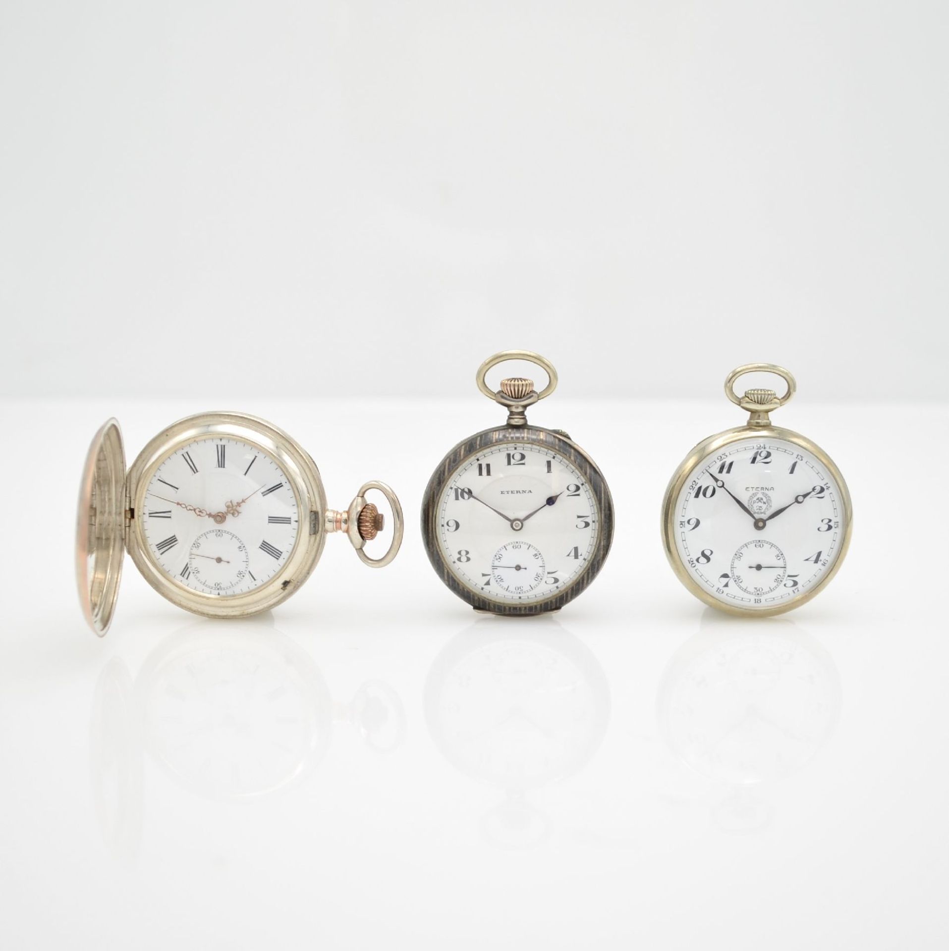 ETERNA 12 pocket watches as well as 4 gilt chains, Switzerland around 1900 till 1930, 10 silver