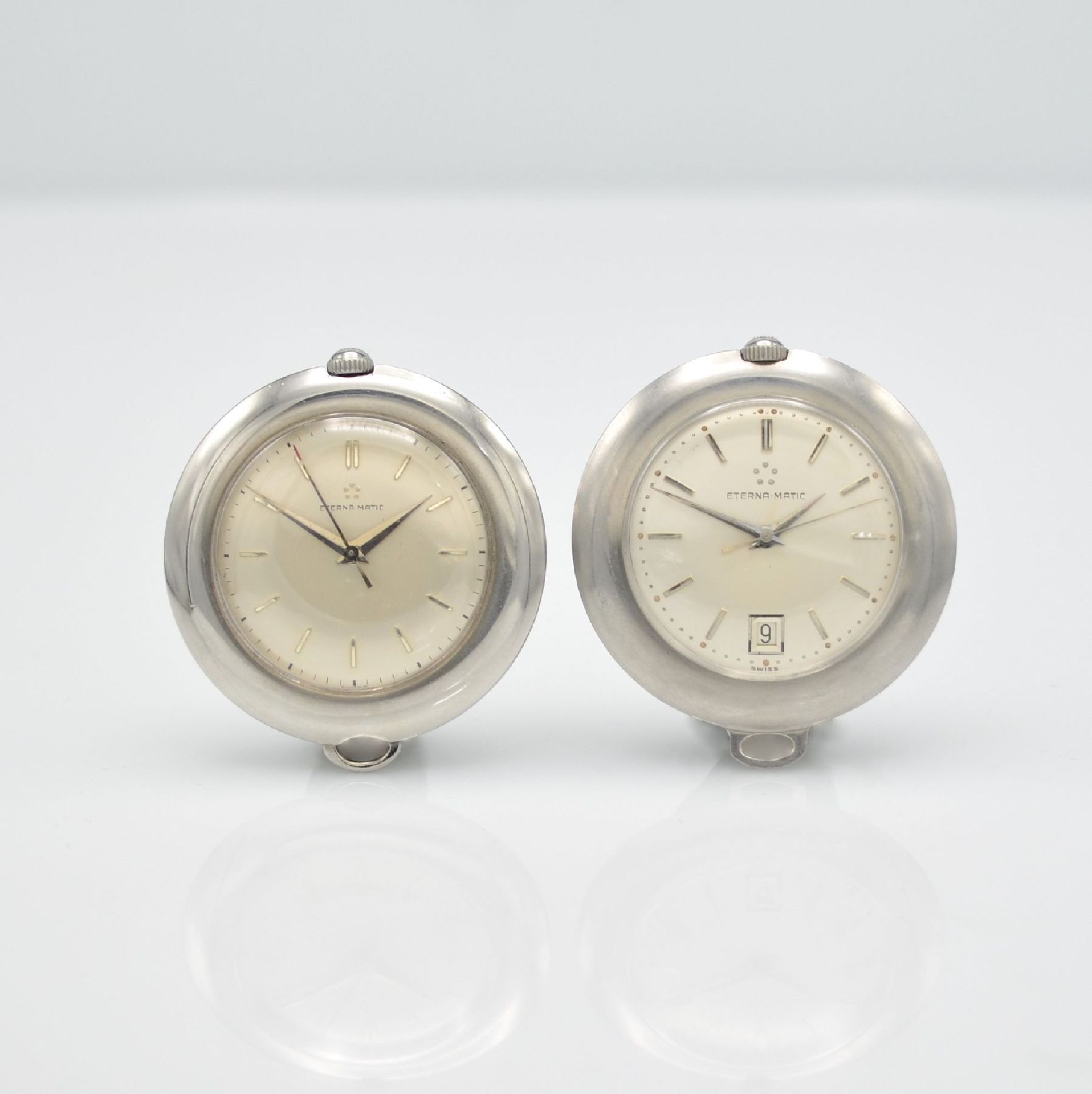 ETERNA-MATIC Golfer 2 steel pocket watches, Switzerland around 1960, self winding, screwed down & on