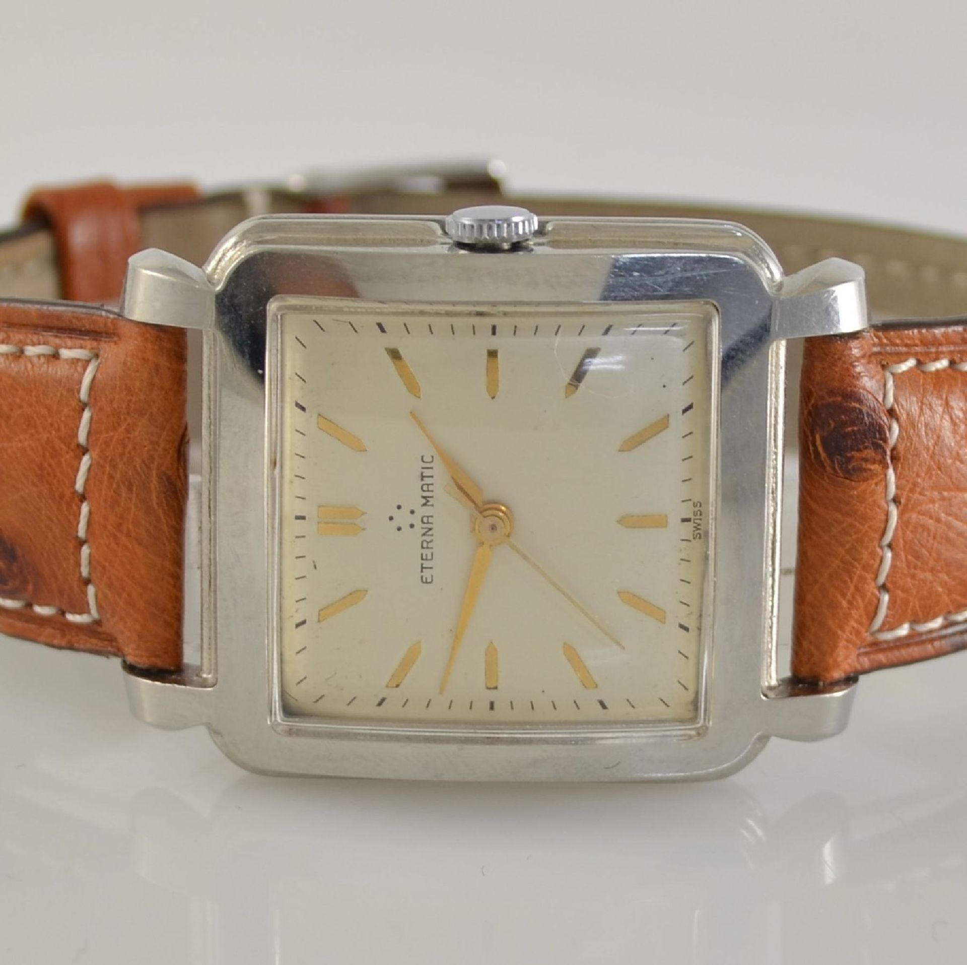 ETERNA-MATIC rare square wristwatch in steel, Switzerland around 1955, self winding, pressed down - Bild 2 aus 8