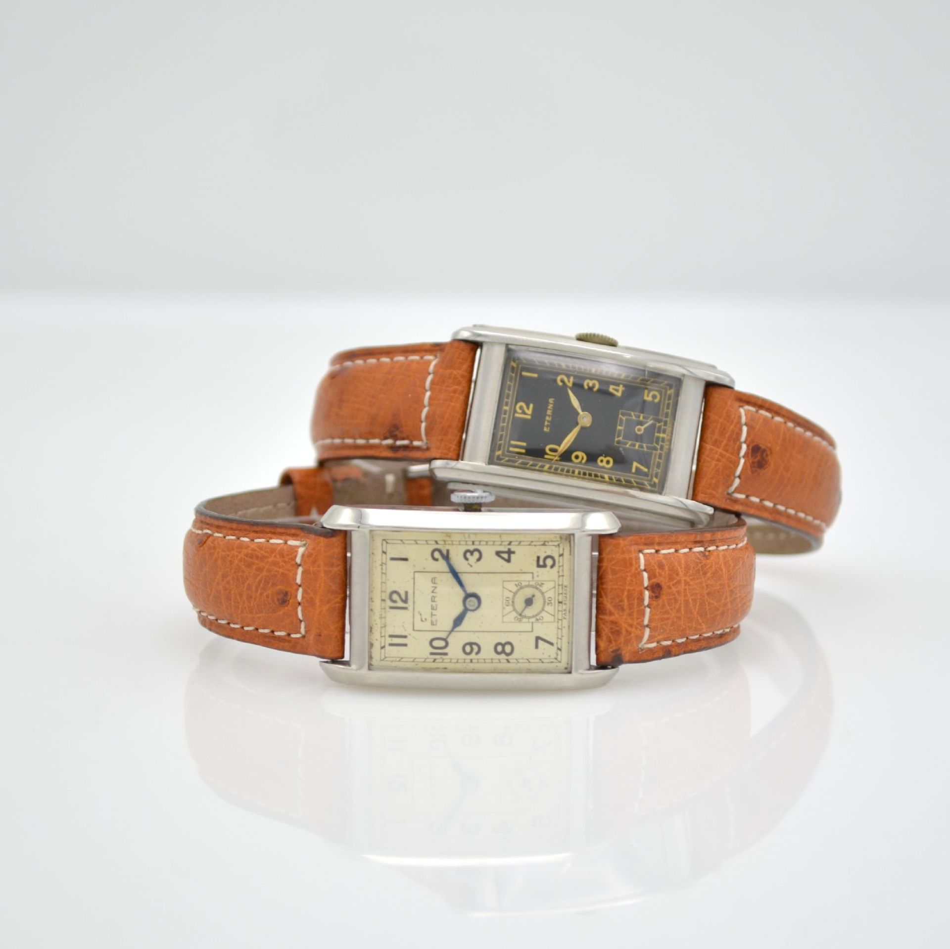 ETERNA 2 rectangular gents wristwatches in steel, Switzerland around 1935, snap on case backs, 1