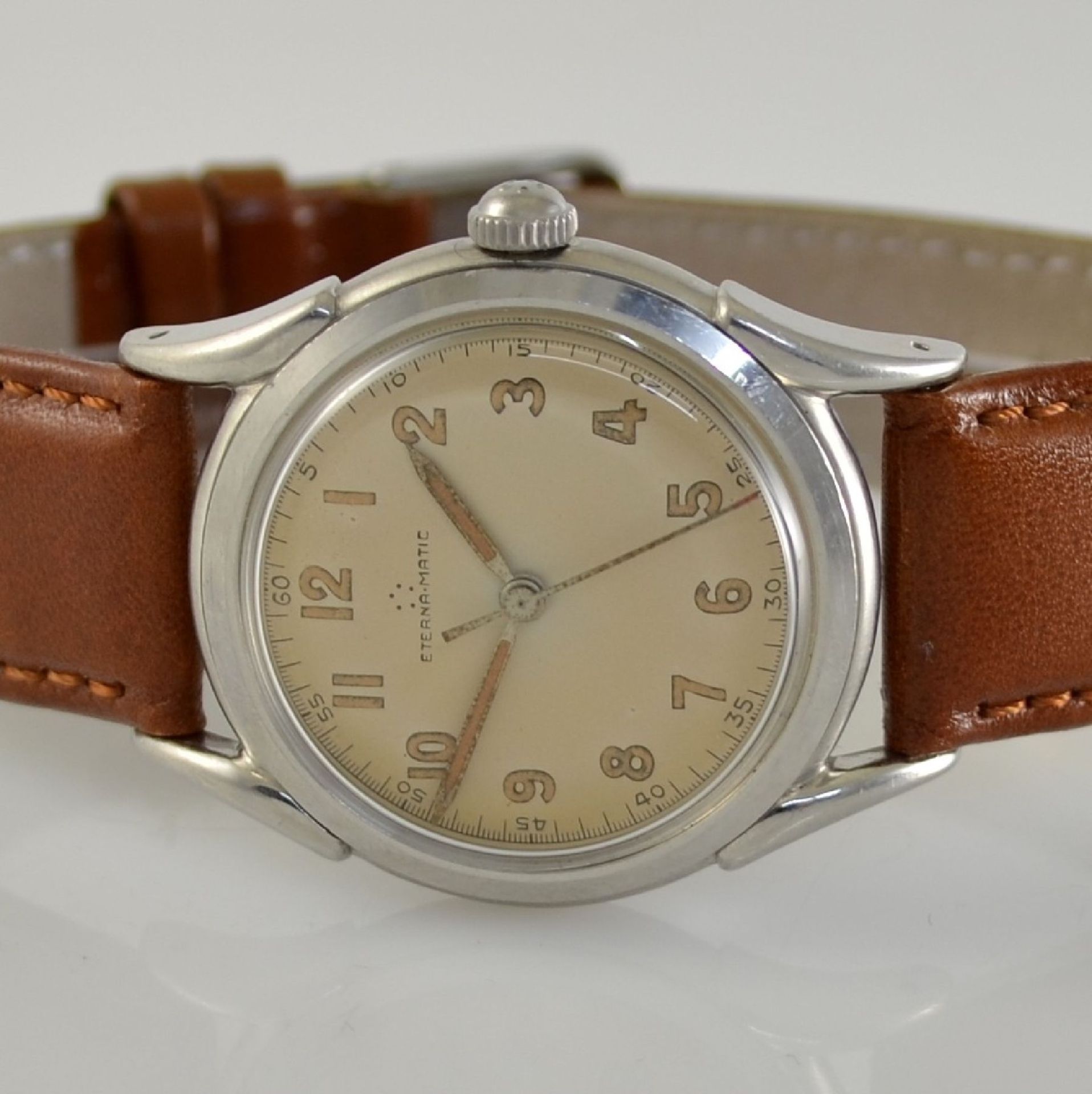 ETERNA-MATIC 2 wristwatches in steel, Switzerland around 1950, screwed down cases with unusual lugs, - Bild 2 aus 13