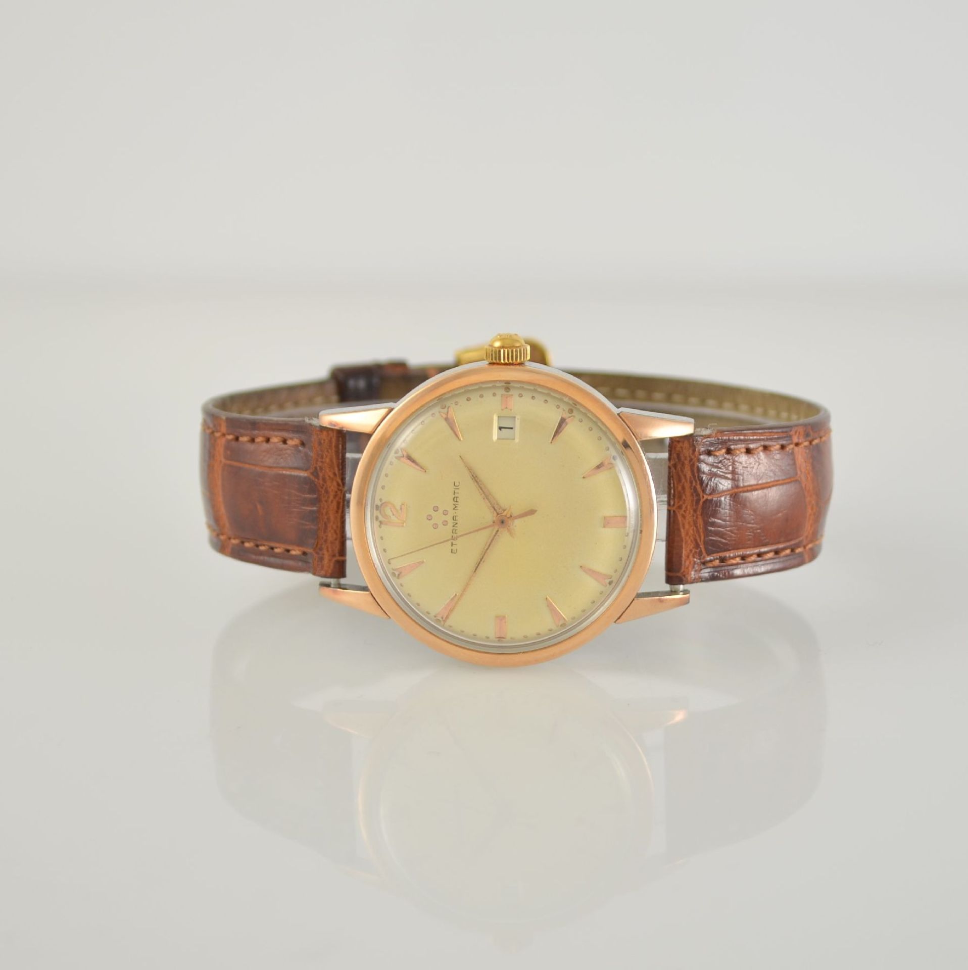 ETERNA-MATIC gents watch in steel/pink gold with box, Switzerland around 1955, self winding, screwed