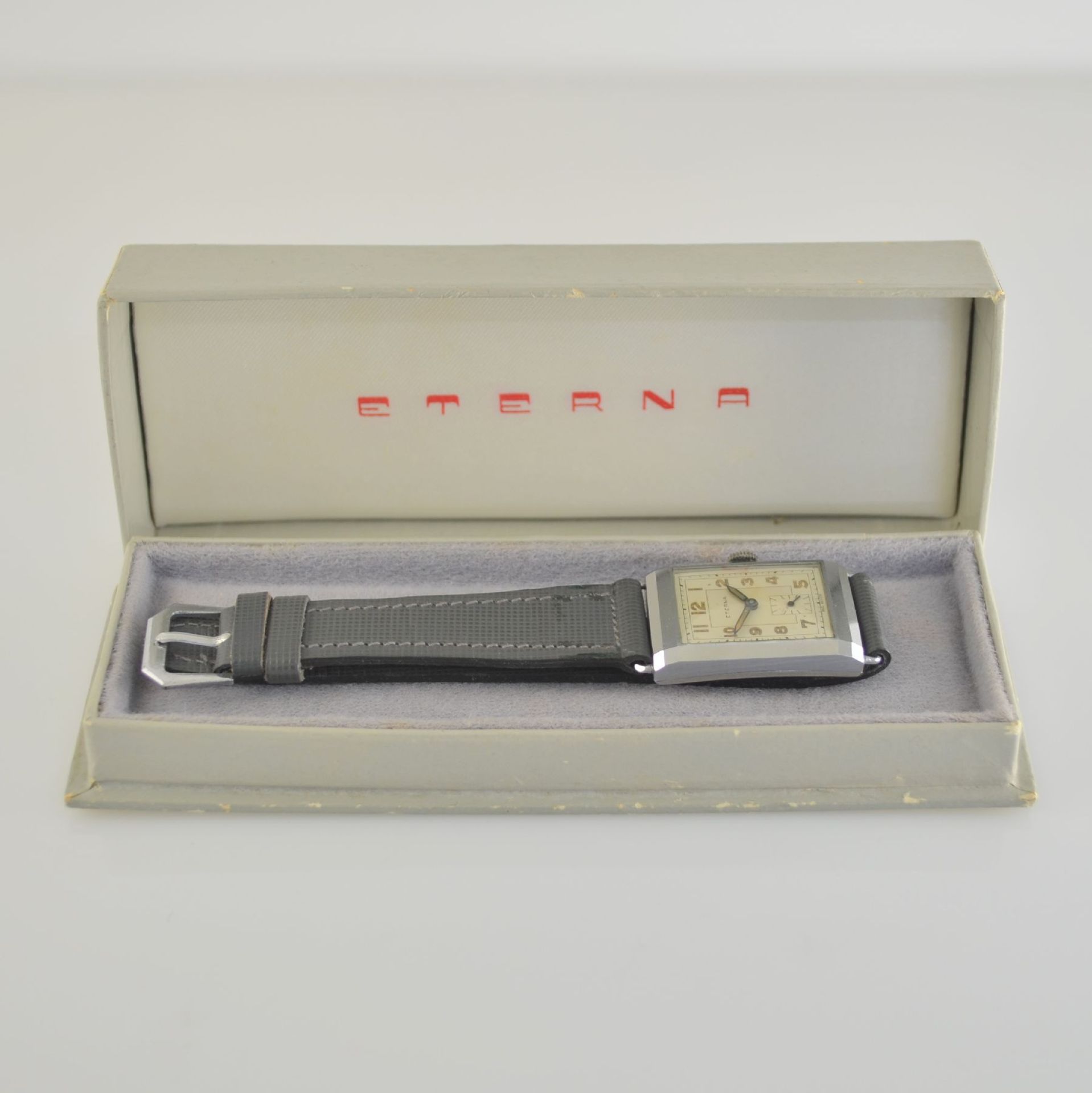 ETERNA nearly unworn rectangular wristwatch with box, Switzerland around 1935, chrome- plated - Bild 8 aus 8