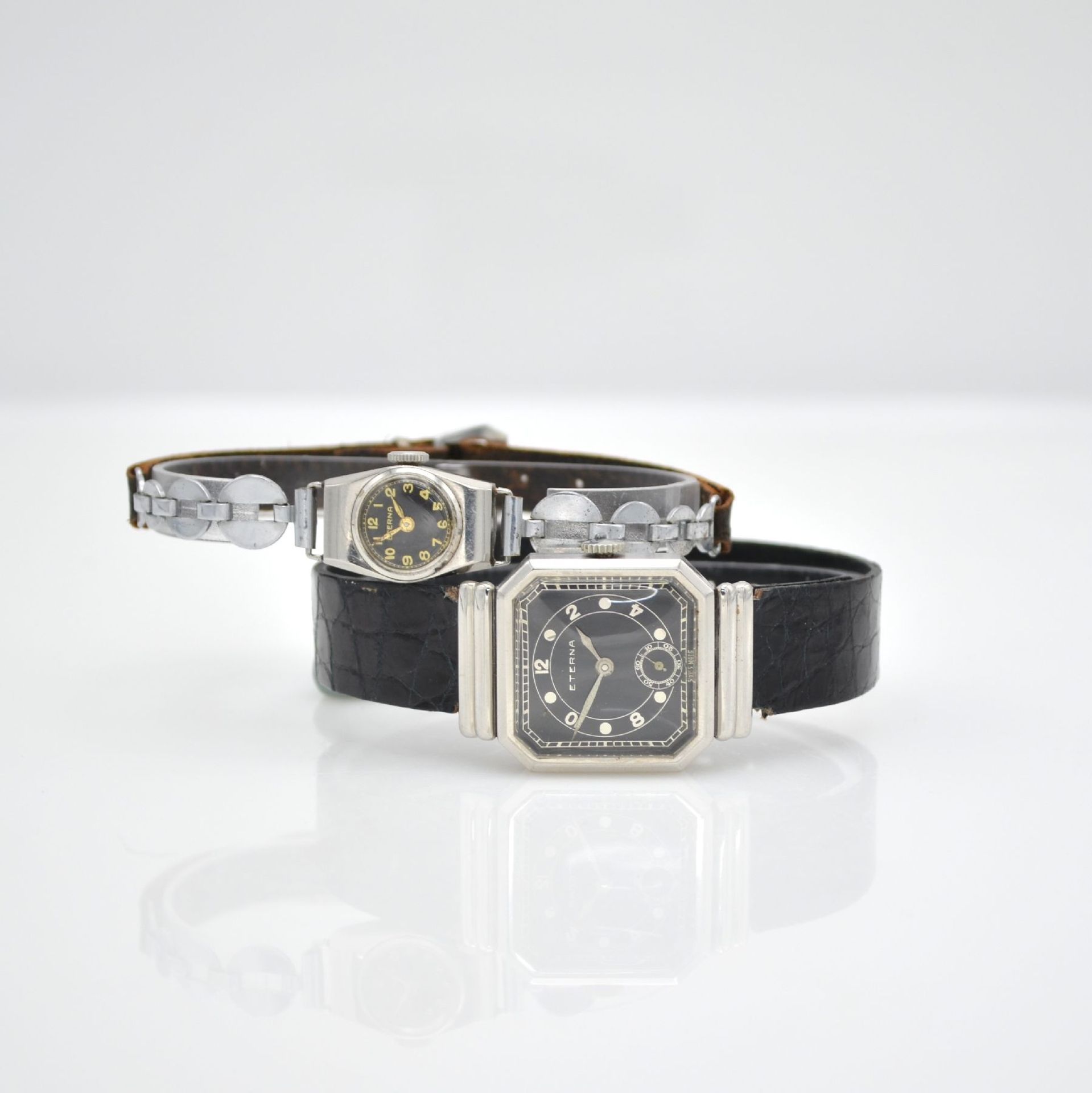 ETERNA 2 early wristwatches in steel, Switzerland around 1935, snap on case backs, 1 x octagonal