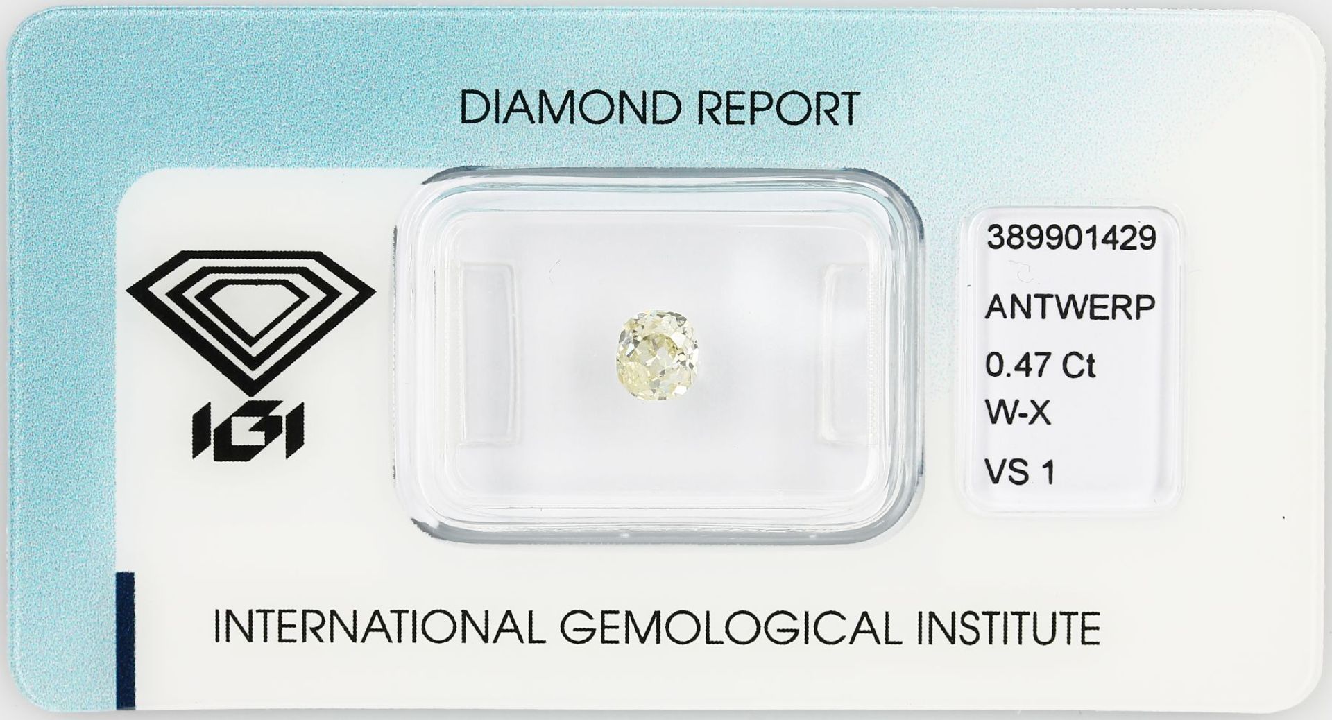 Loose diamond 0.47 ct Cape(W-X)/vsi, in cushion cut, with IGI expertise, sealed Valuation Price: