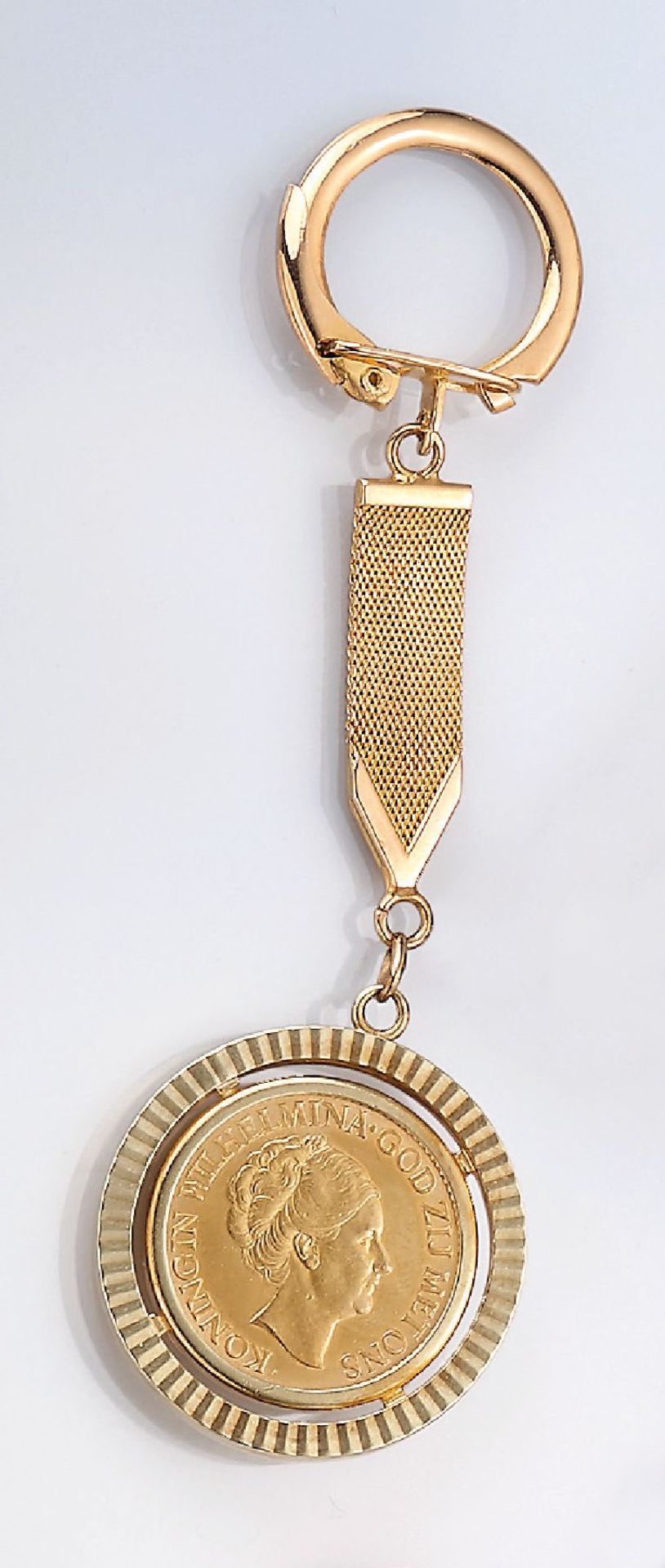 18 kt gold key ring 10 guilder , setting YG 750/000, loose setting: Gold coin ducat gold 10