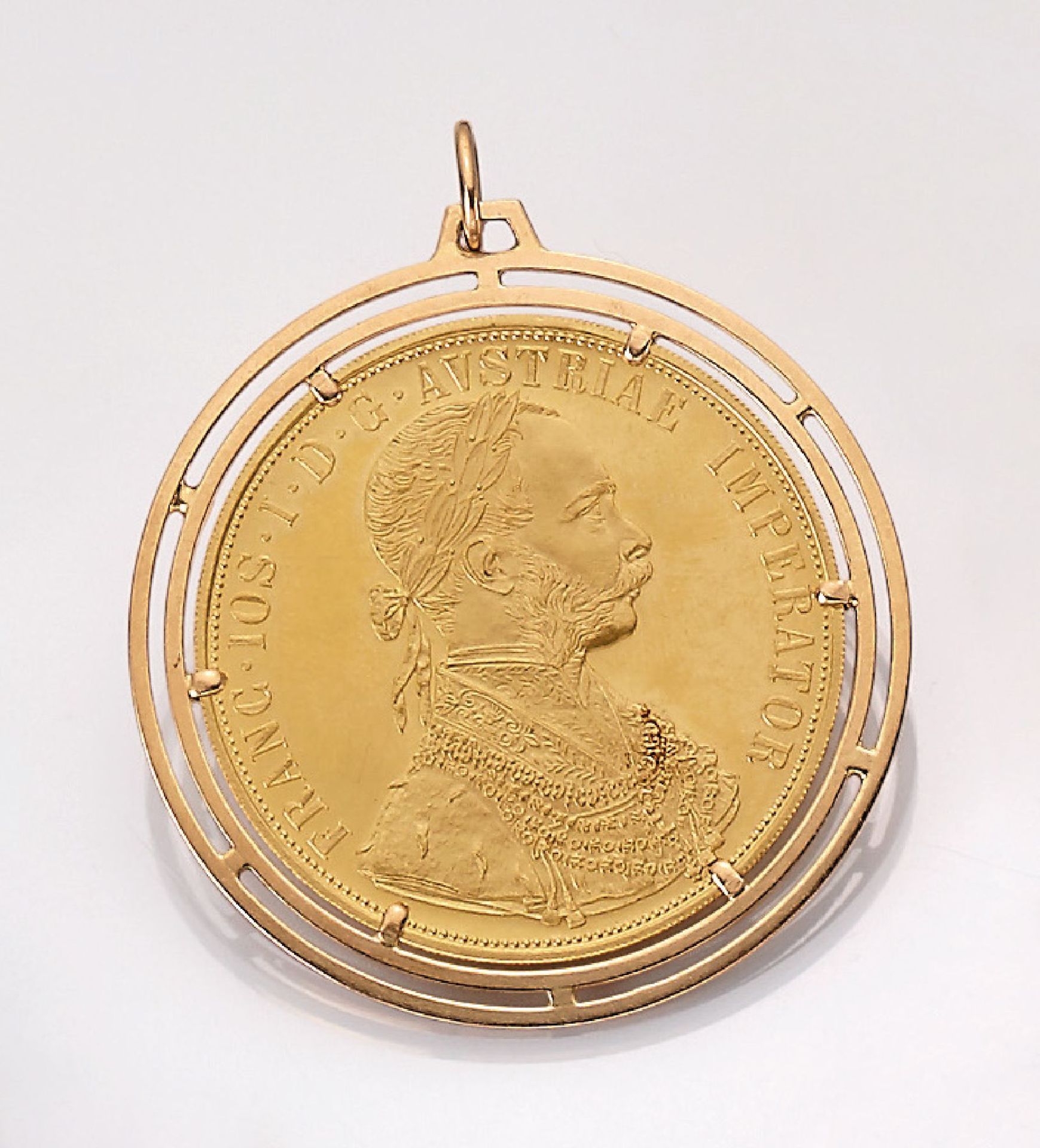 18 kt gold coin pendant , YG 750/000, coin inlay: 4 ducats, Austria/Hungary 1915, Franz Joseph I.,