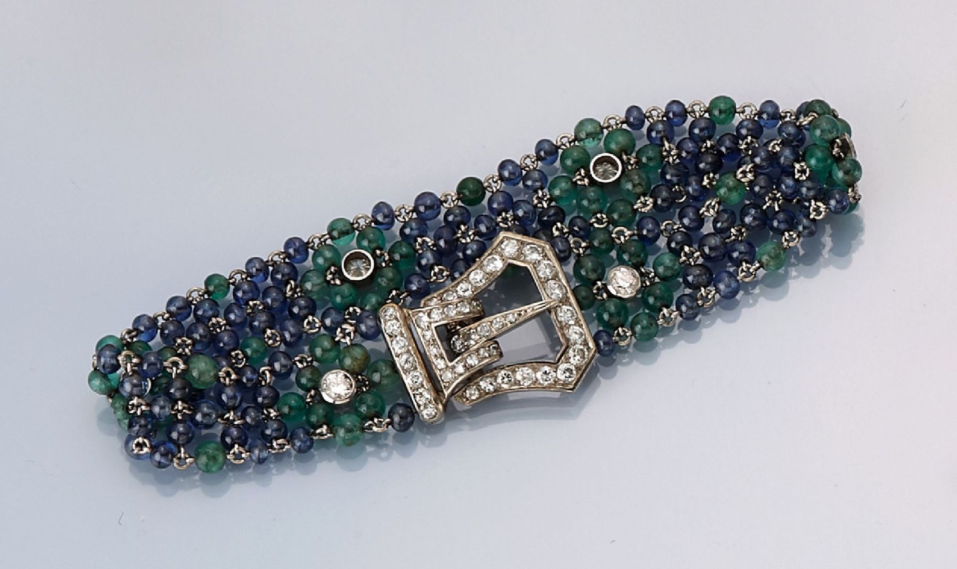 Platinum Art-Deco bracelet with coloured stones and diamonds , approx. 1920/25, 5- rowed with